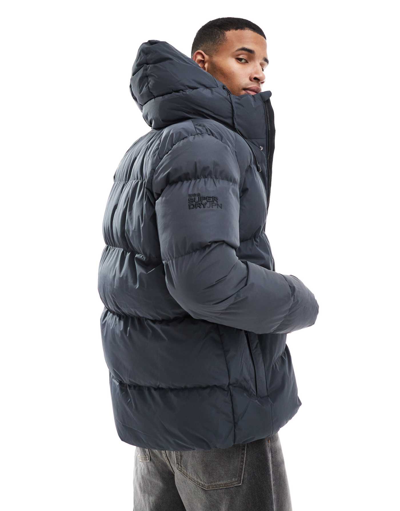 Superdry Hooded five baffle sports puffer in ebony