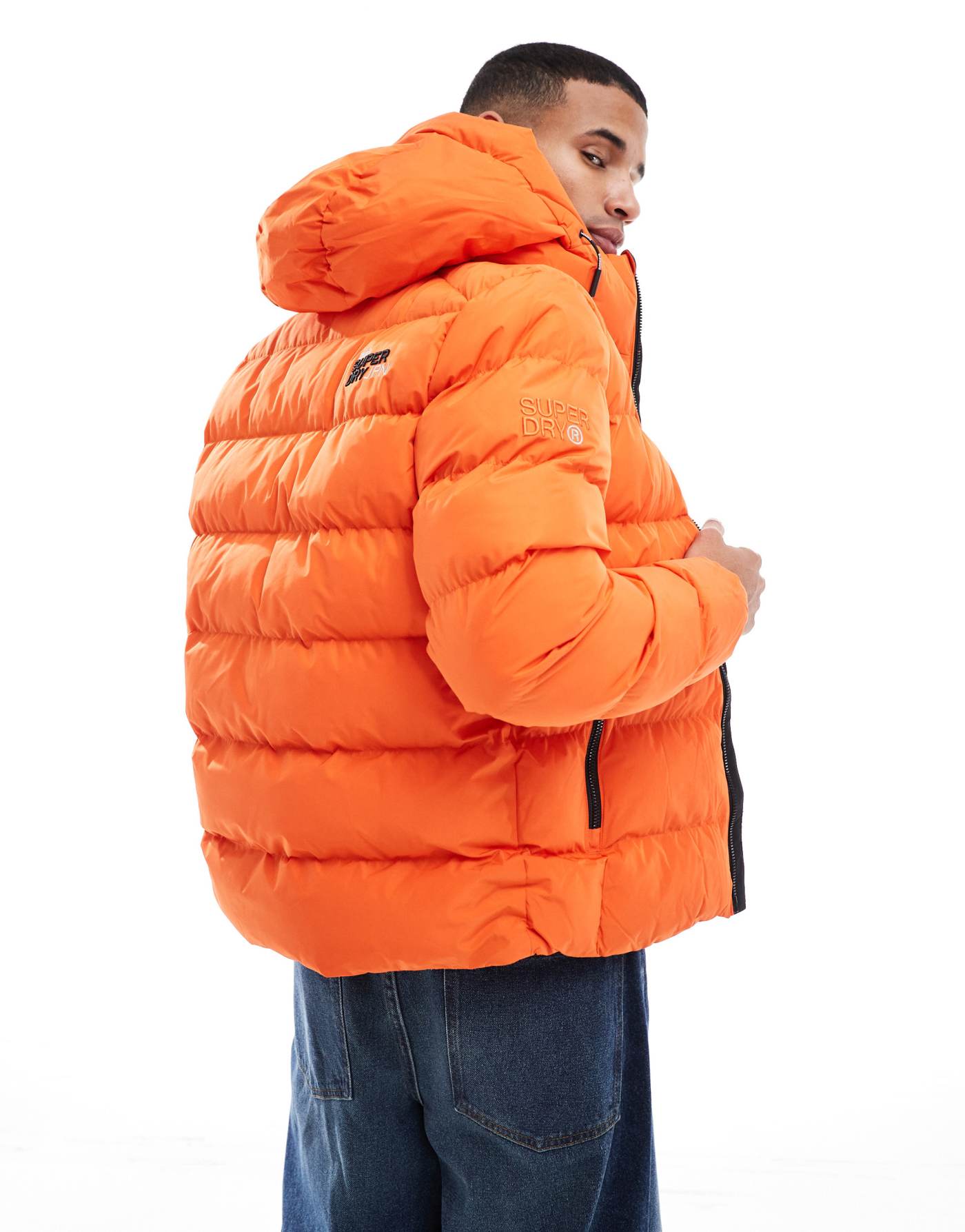 Superdry Hooded sports puffer jacket in flame orange