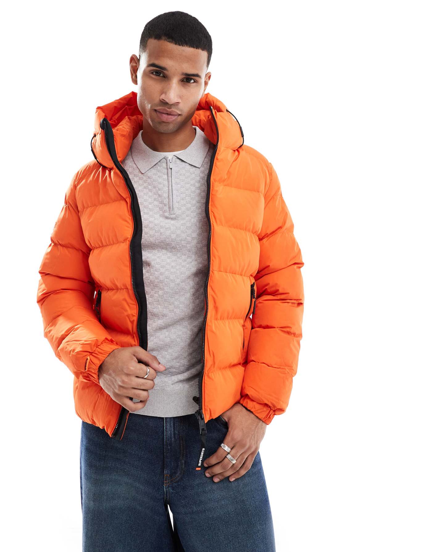 Superdry Hooded sports puffer jacket in flame orange