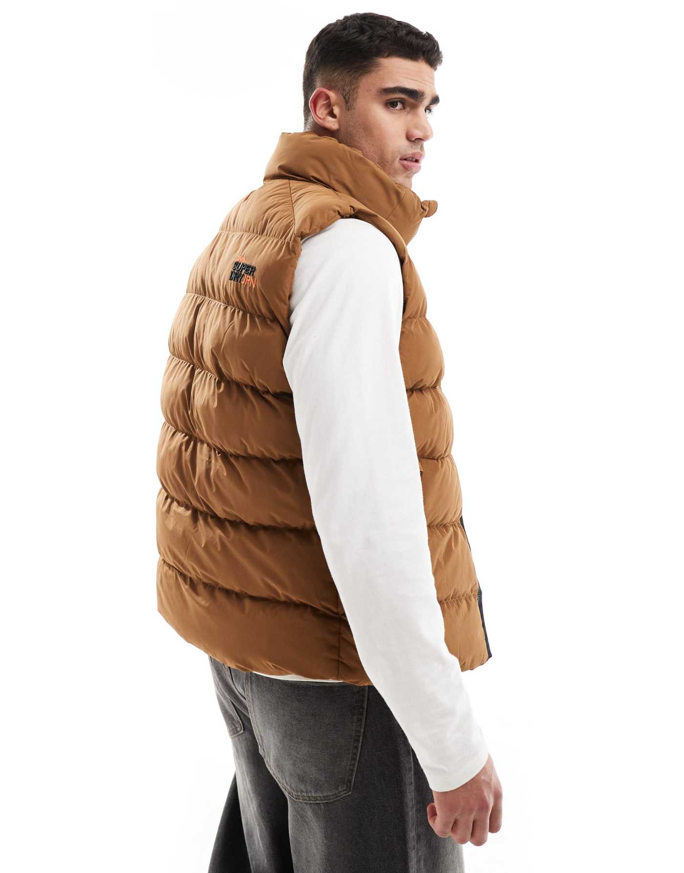 Superdry Sports puffer gilet in denim co tobacco brown