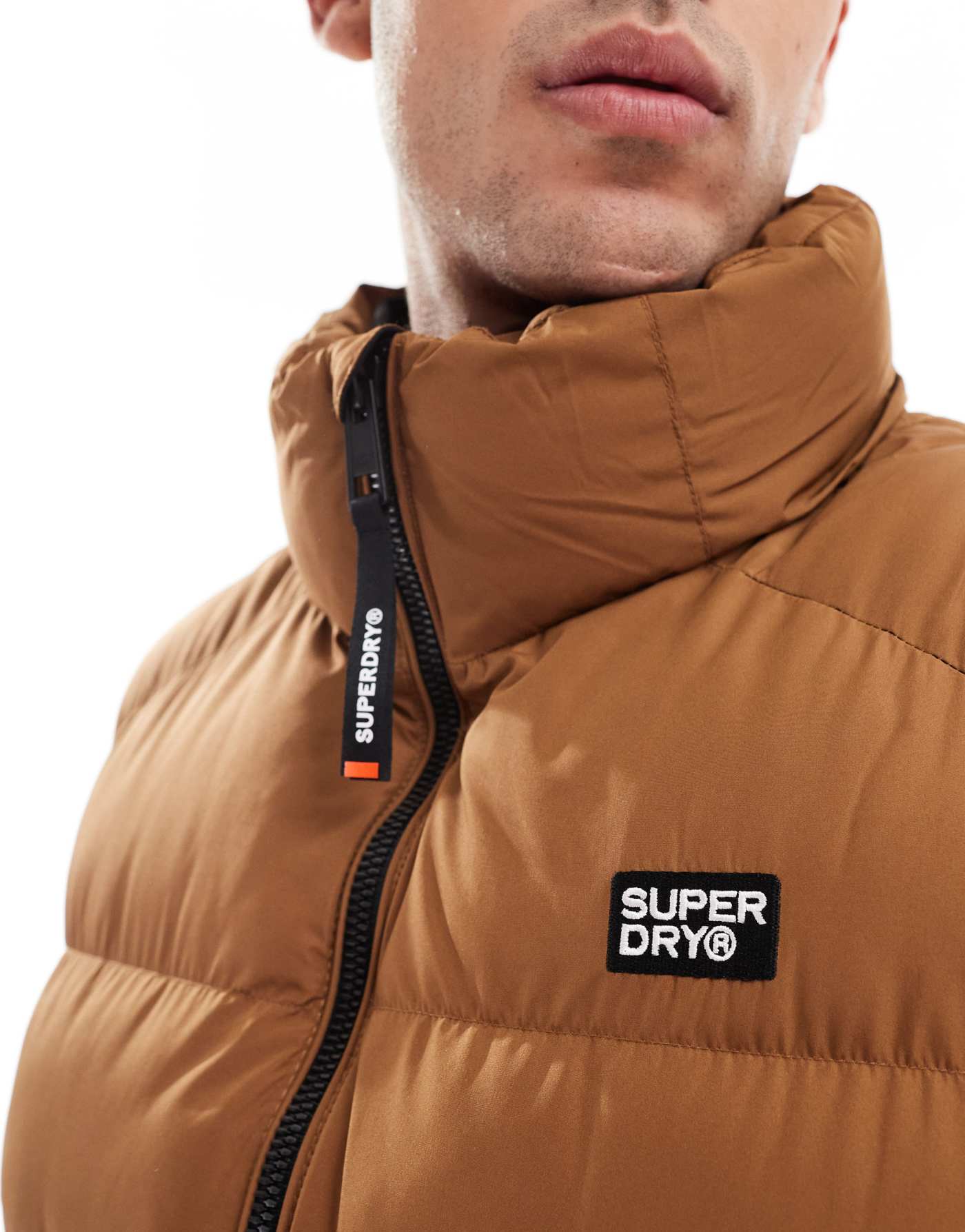 Superdry Sports puffer gilet in denim co tobacco brown