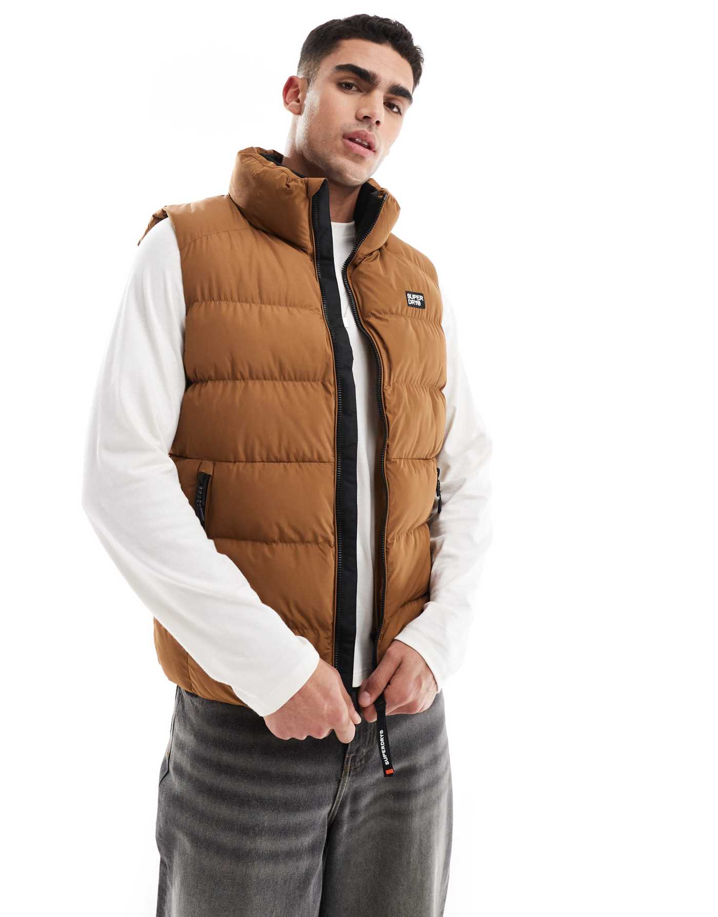 Superdry Sports puffer gilet in denim co tobacco brown