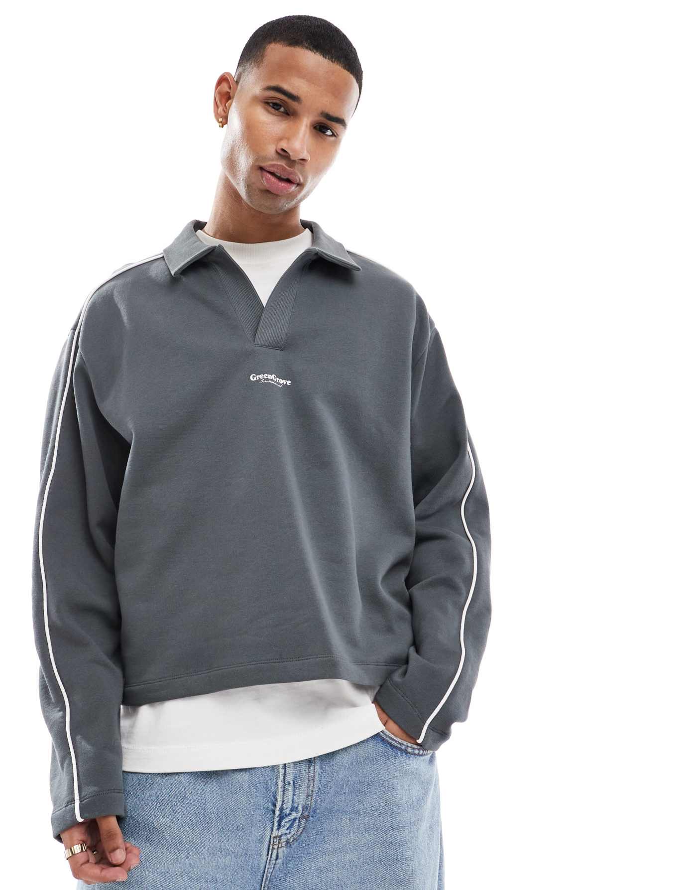 ASOS DESIGN oversized boxy sporty polo sweatshirt in grey