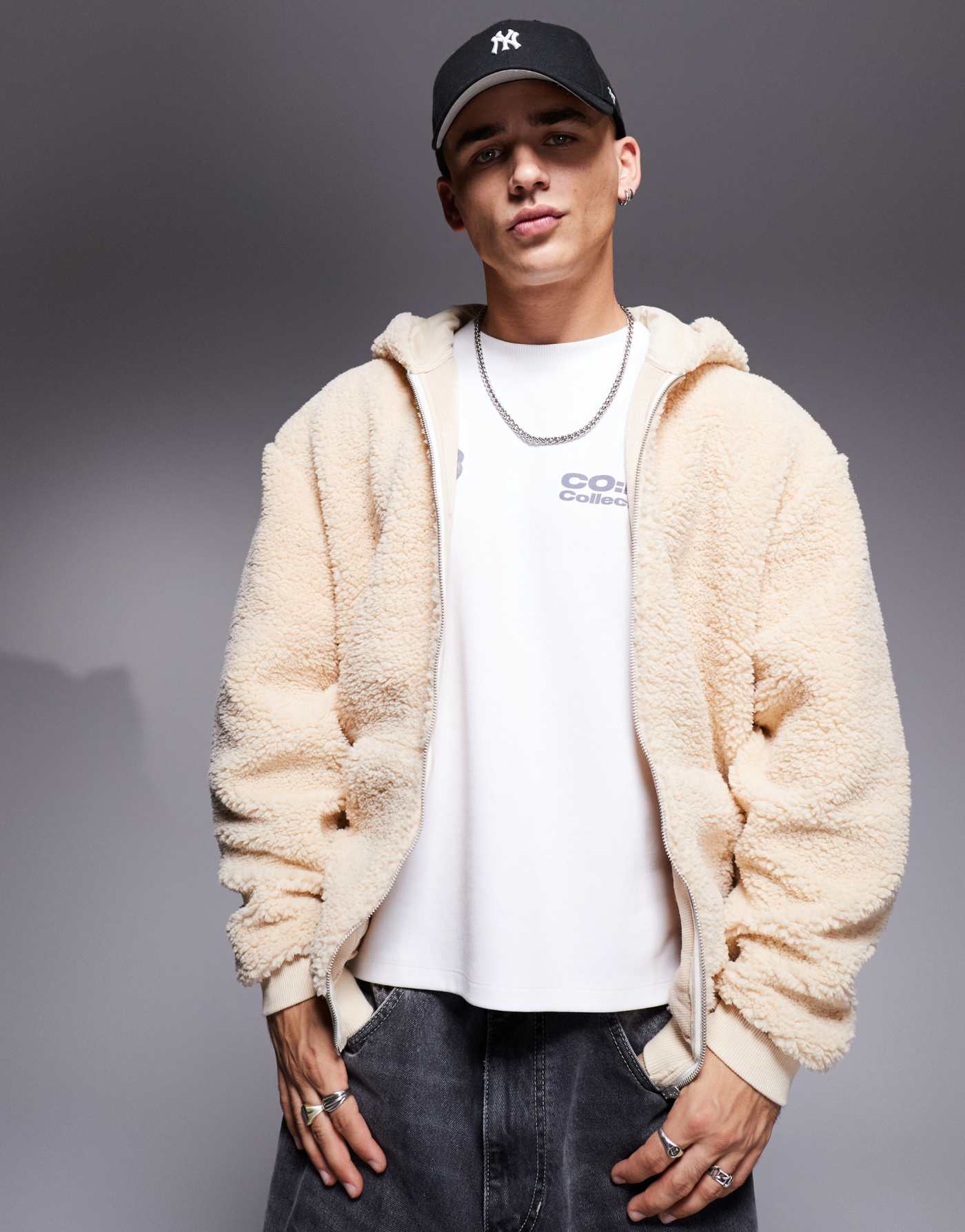 ASOS DESIGN oversized borg zip through hoodie in off white