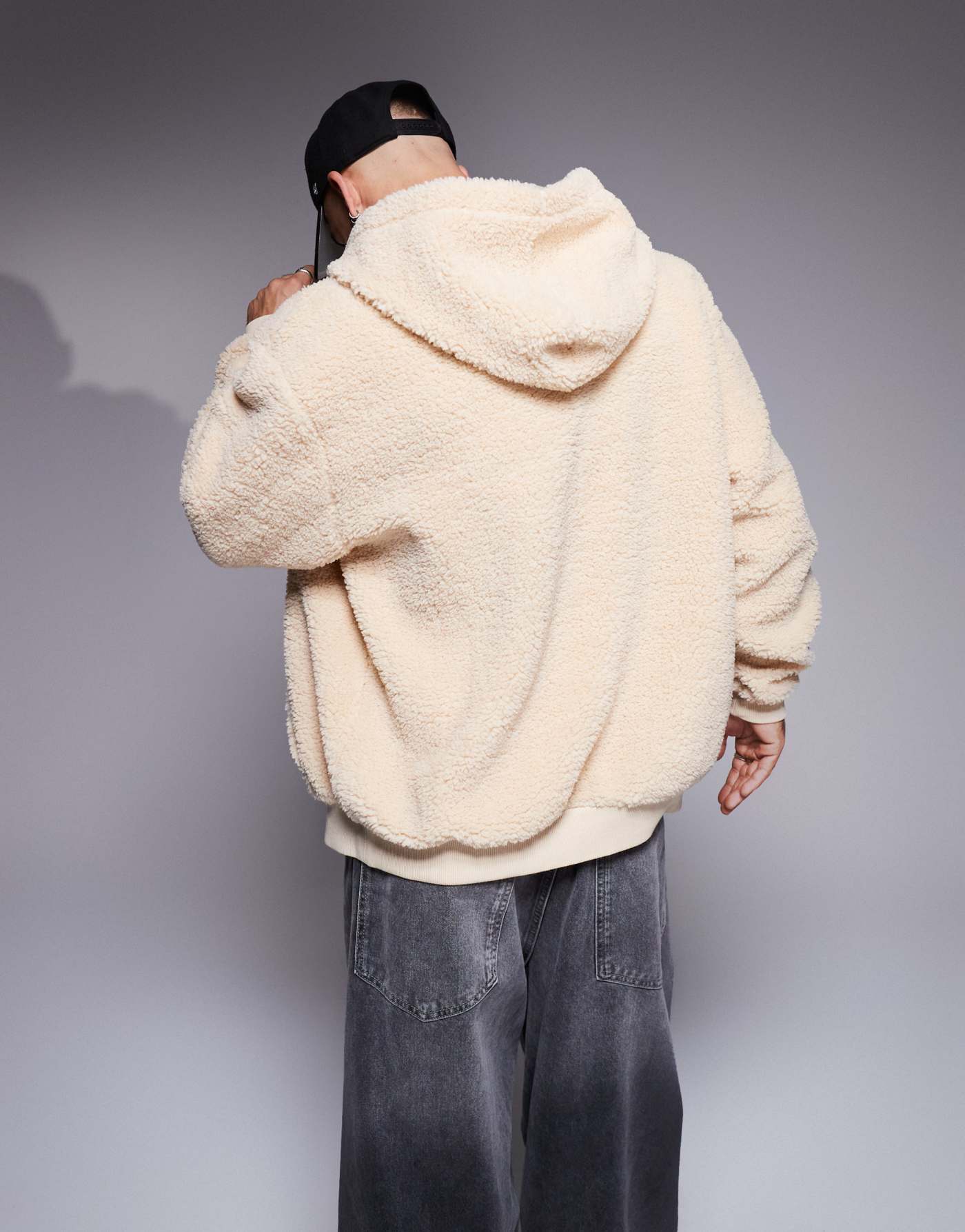 ASOS DESIGN oversized borg zip through hoodie in off white