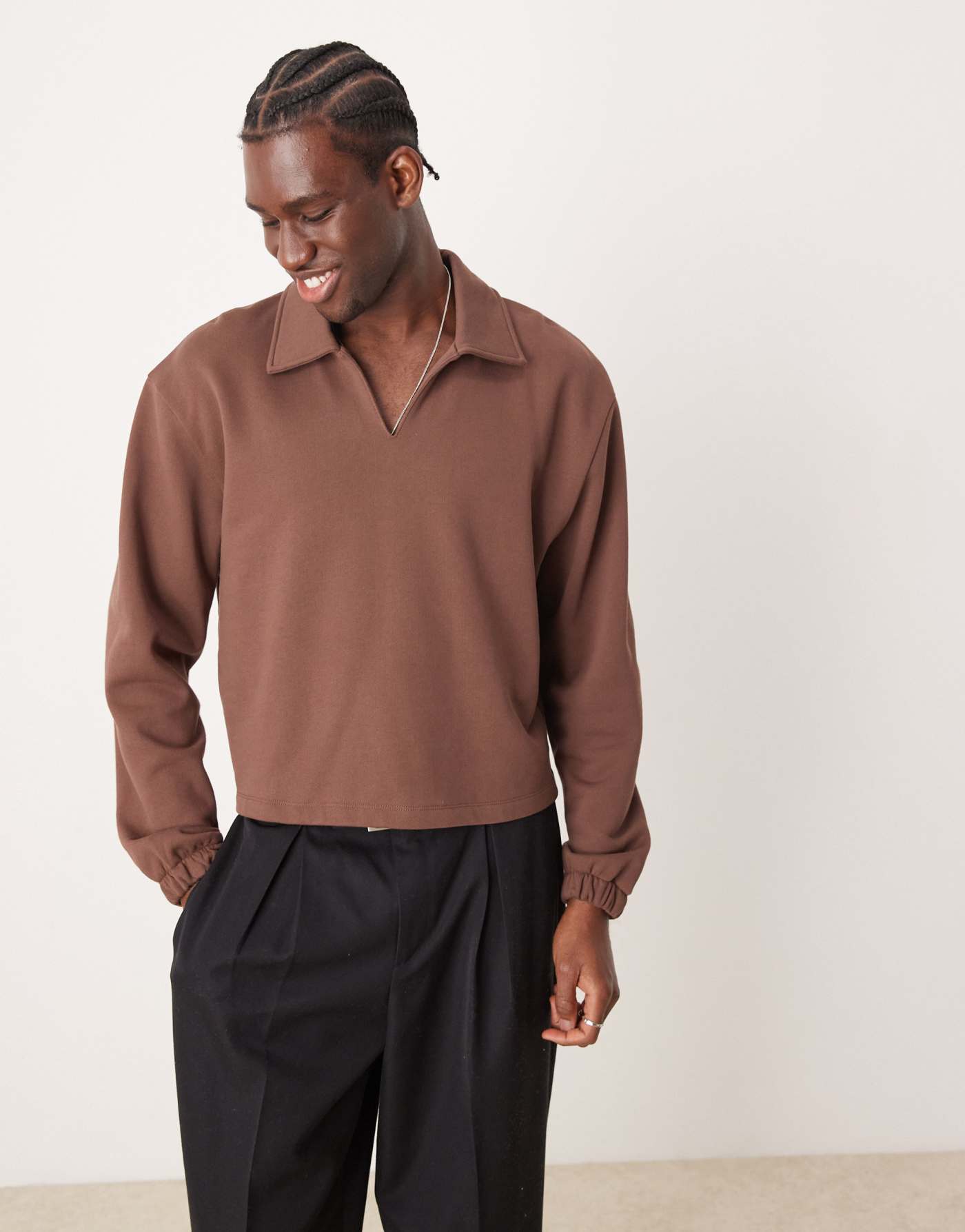 ASOS DESIGN boxy oversized polo sweatshirt in brown