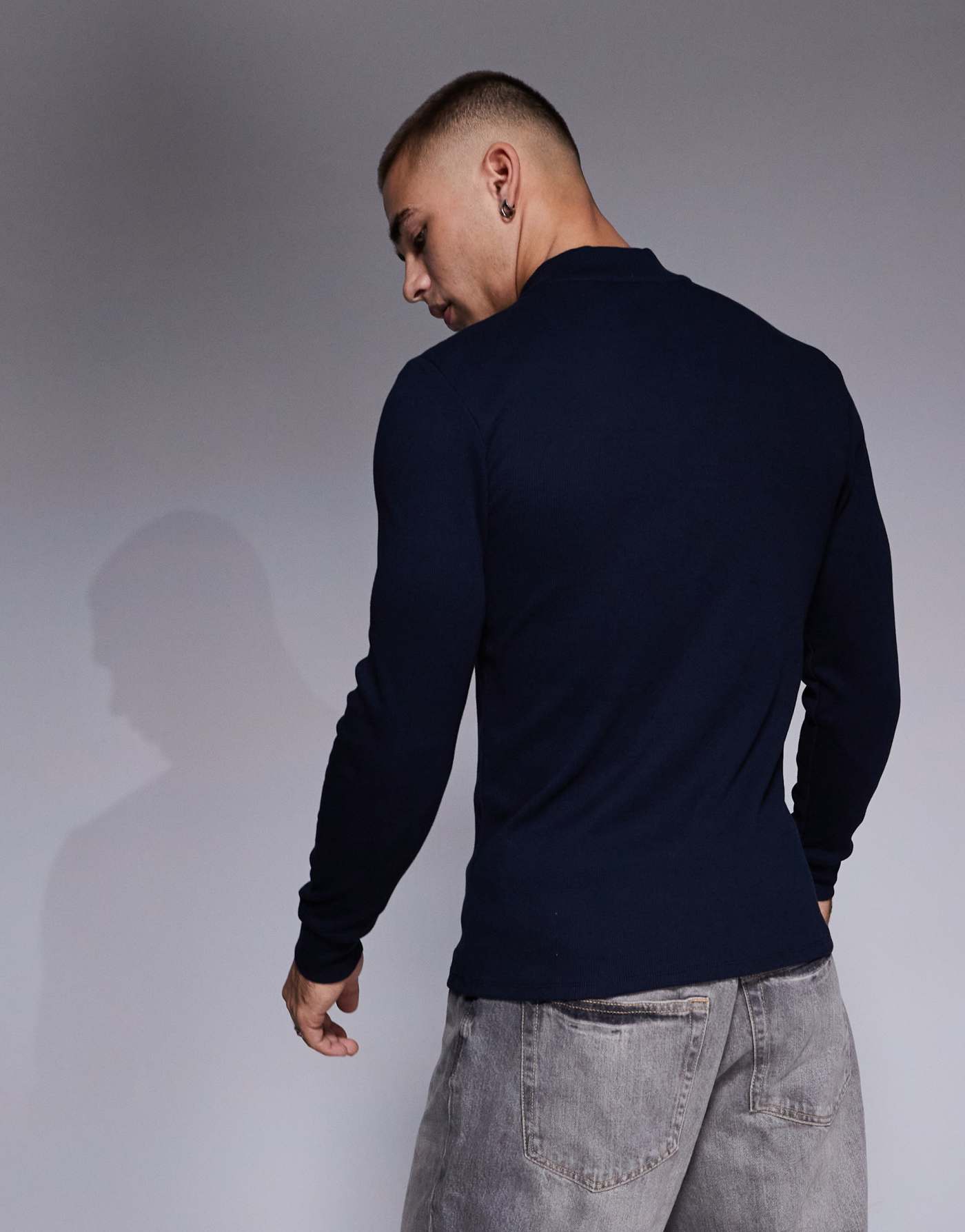 ASOS DESIGN muscle fit long sleeve rib t-shirt with half zip in navy