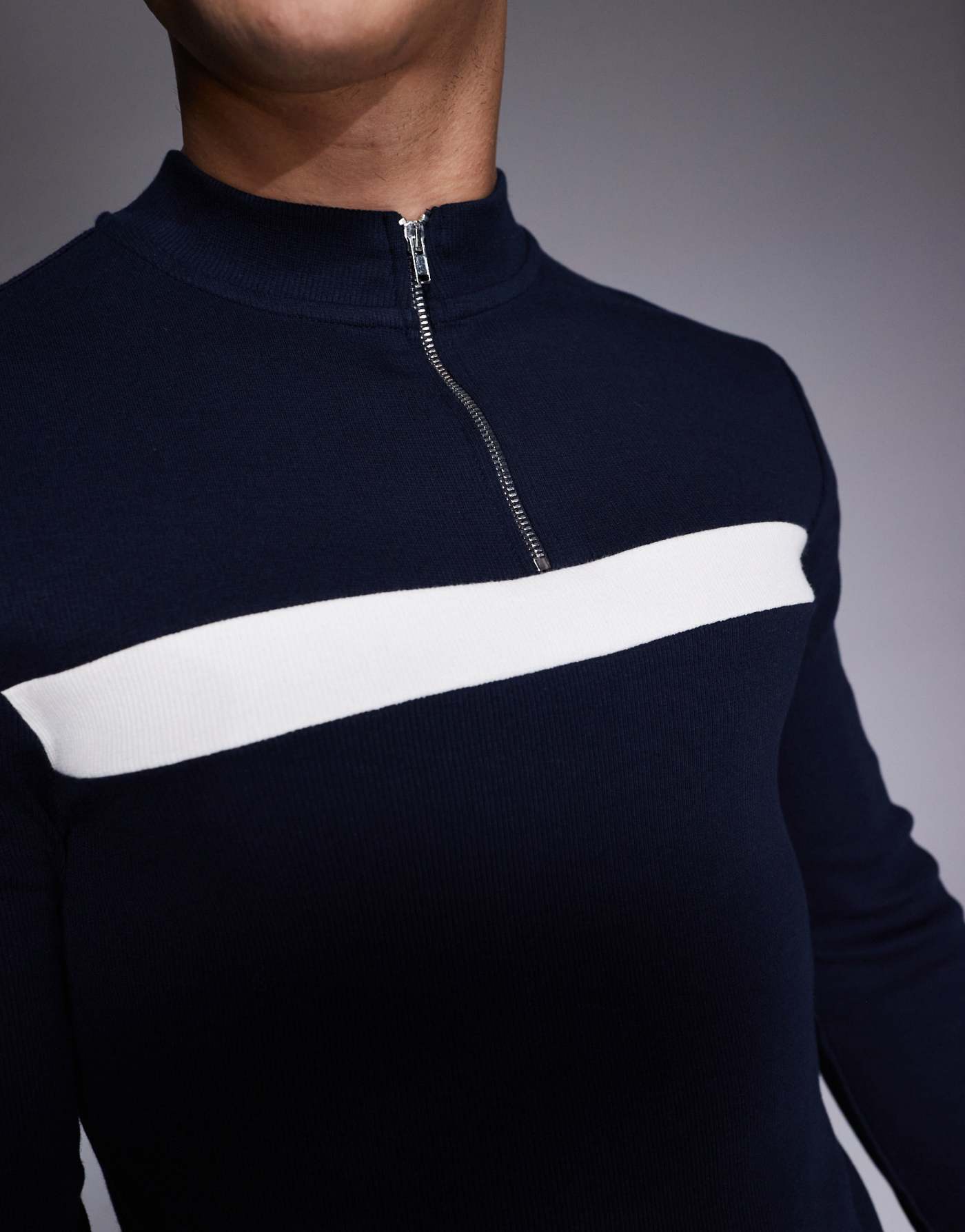 ASOS DESIGN muscle fit long sleeve rib t-shirt with half zip in navy