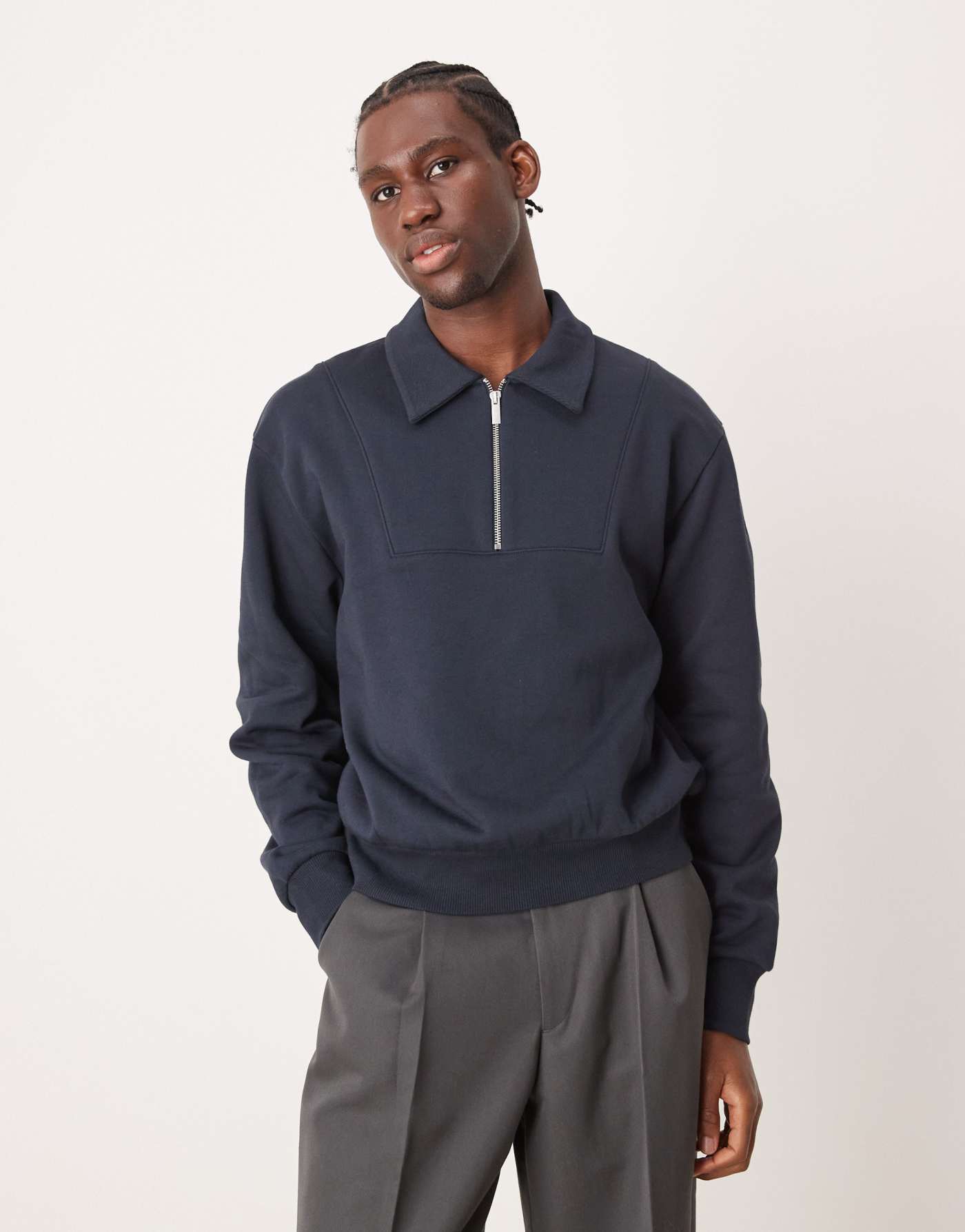 ASOS DESIGN oversized half zip sweatshirt with ribbed collar in navy