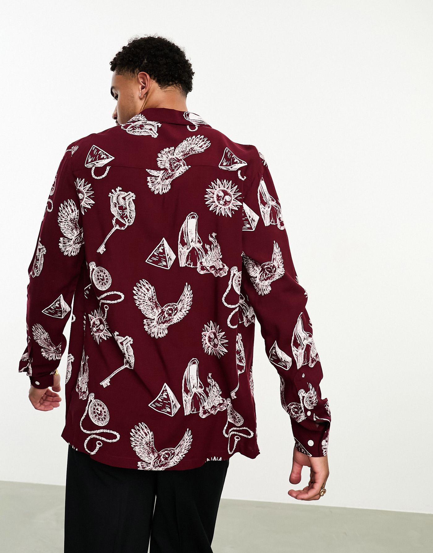 ASOS DESIGN revere shirt in burgundy with tattoo print 