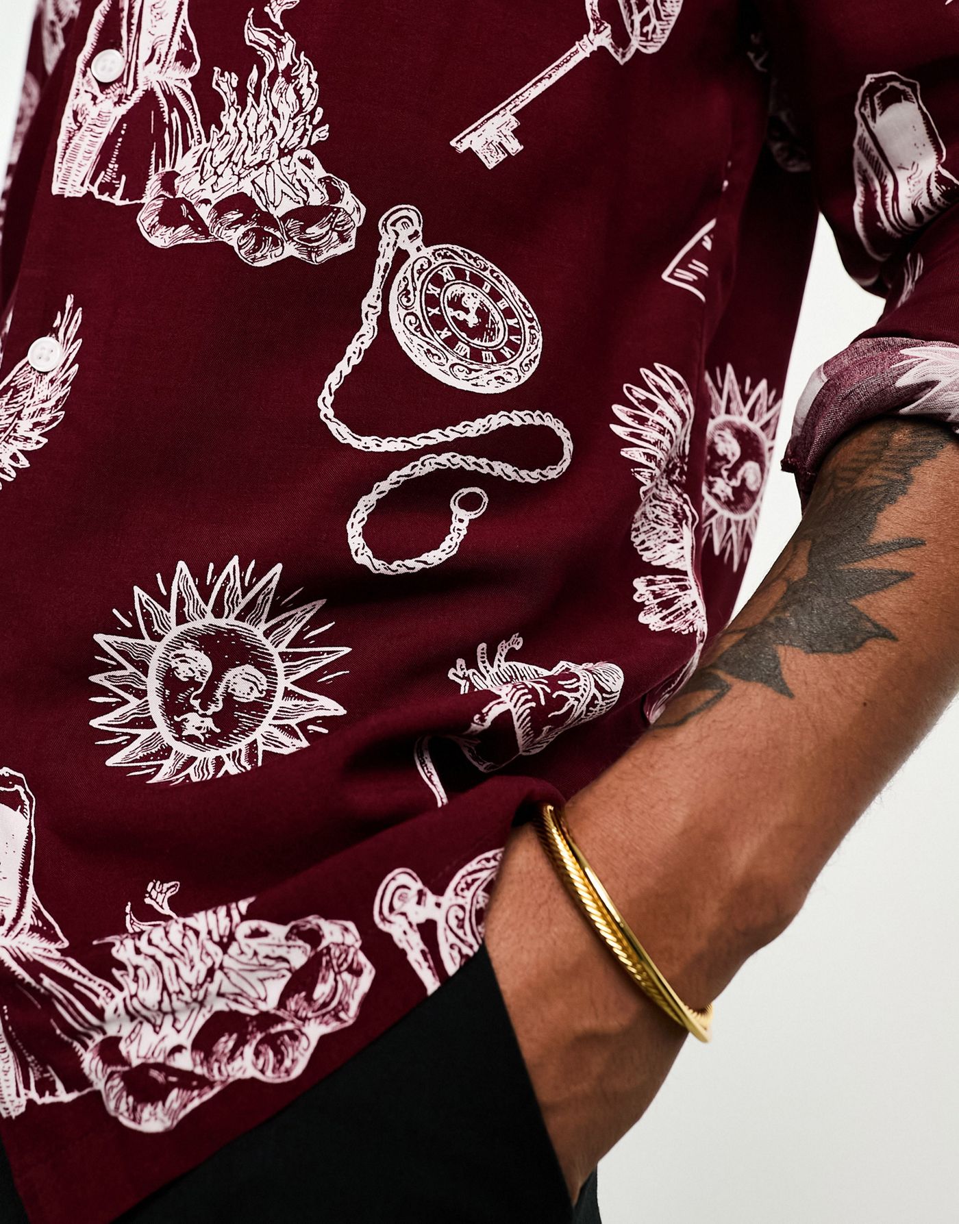 ASOS DESIGN revere shirt in burgundy with tattoo print 
