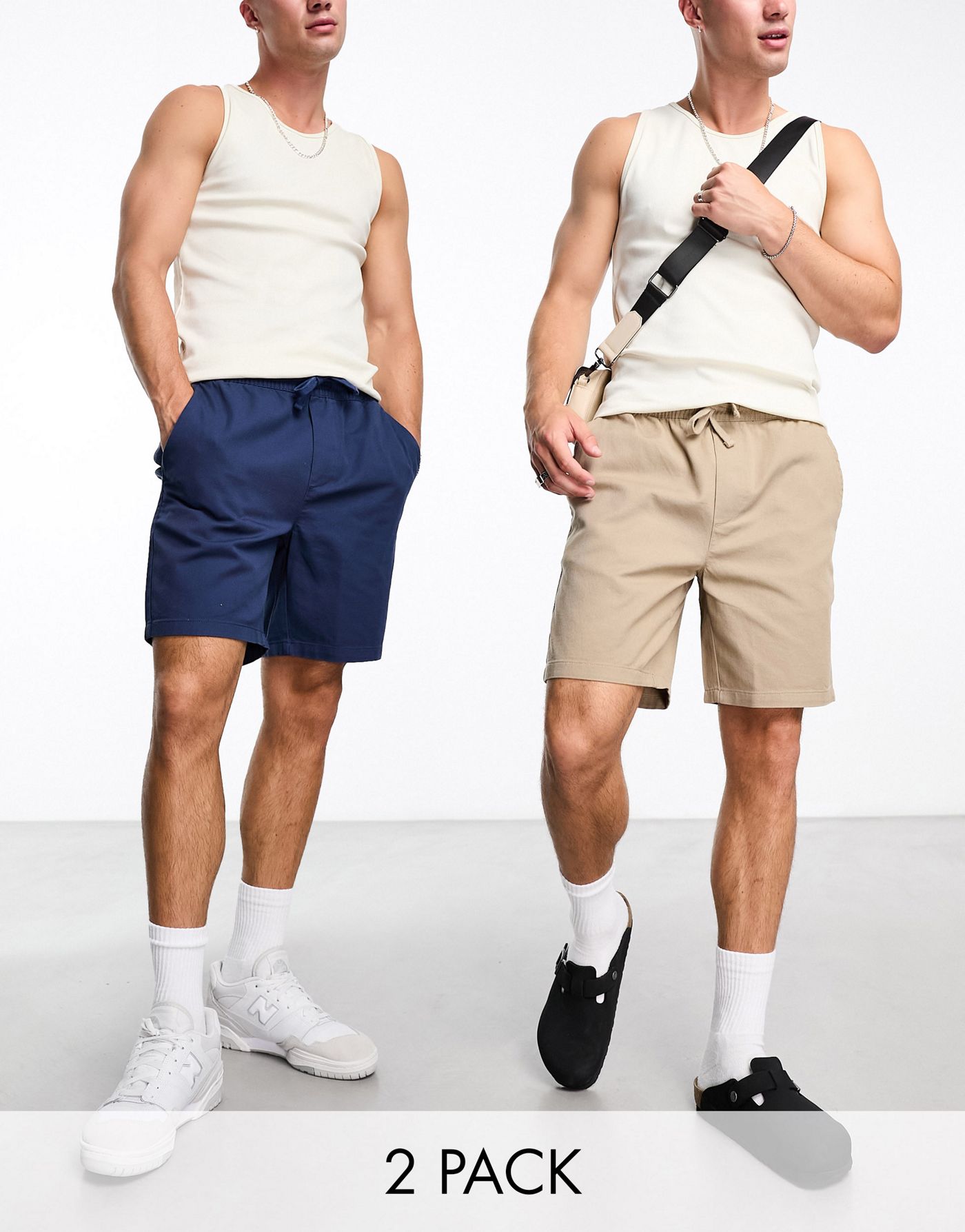 Only & Sons 2 pack twill shorts in navy & beige 