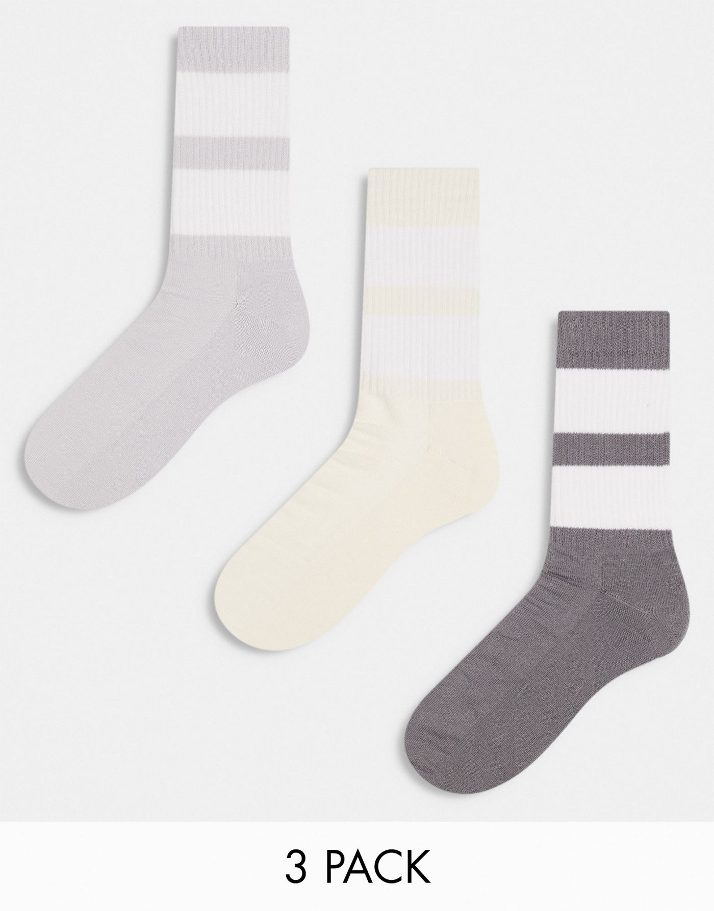 ASOS DESIGN 3 pack sports sock with thick stripes in grey tones