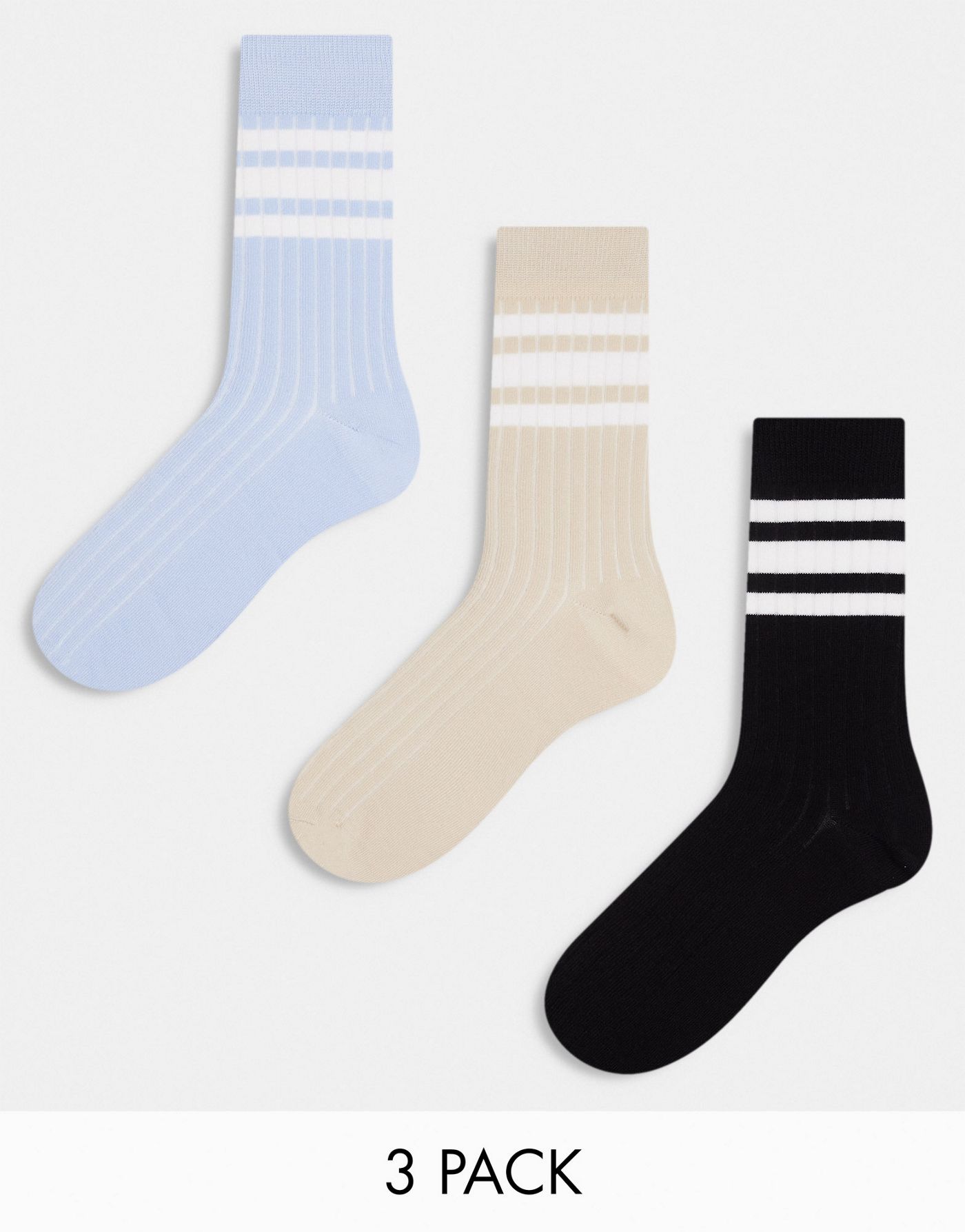 ASOS DESIGN 3 pack ribbed ankle socks with stripe detail in stone/blue/charcoal