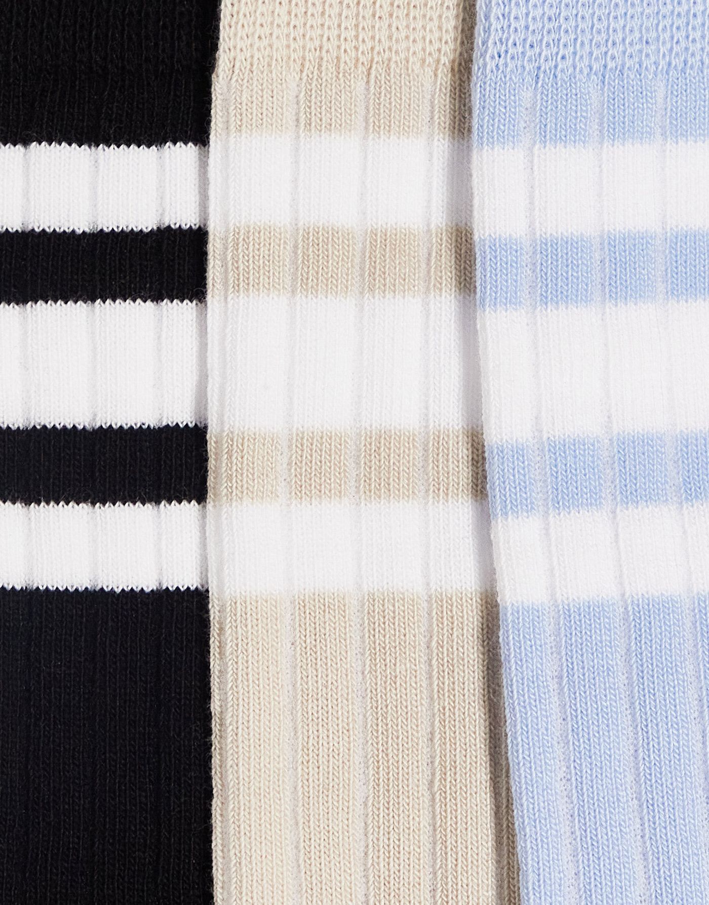 ASOS DESIGN 3 pack ribbed ankle socks with stripe detail in stone/blue/charcoal