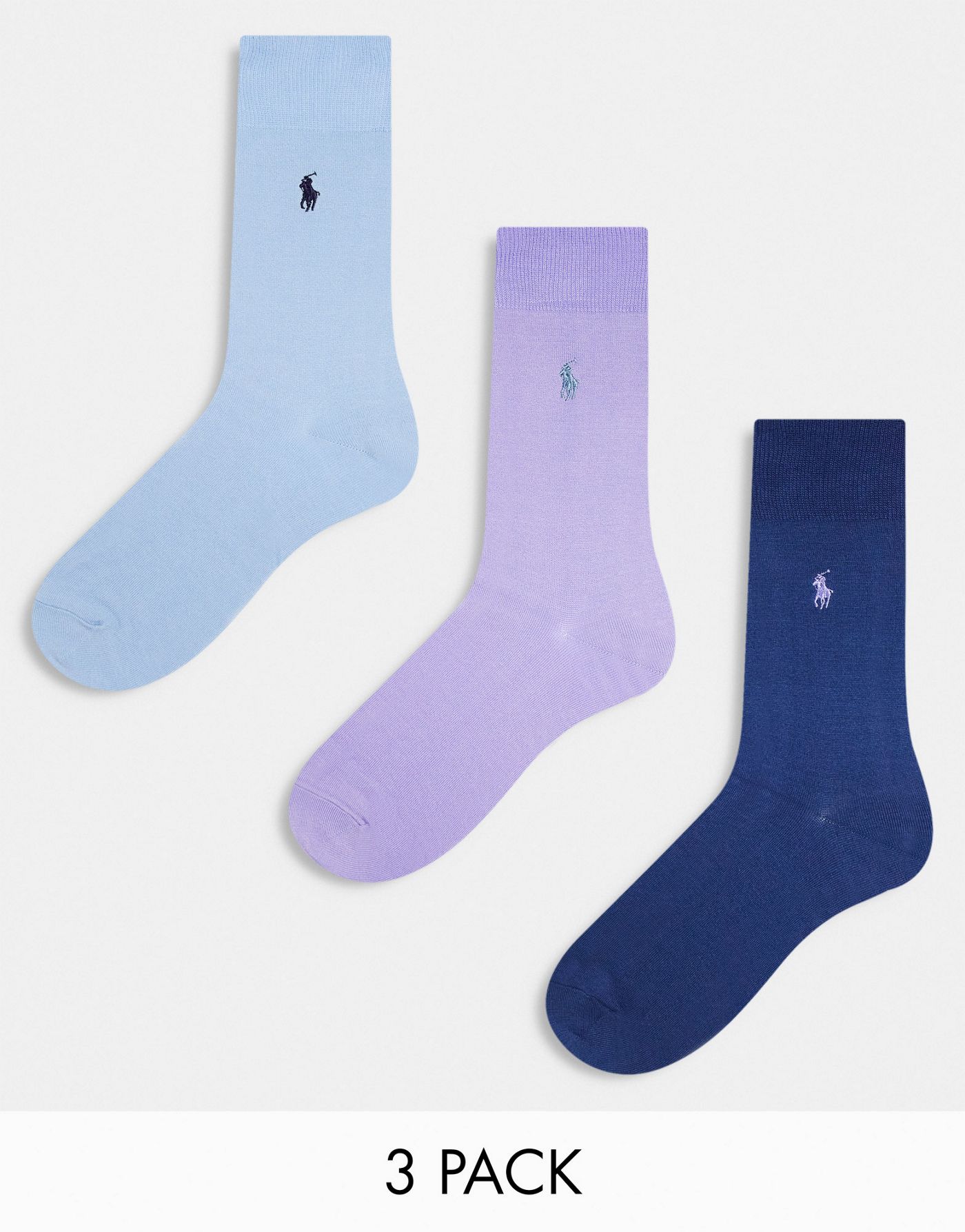 Polo Ralph Lauren 3 pack mercerized cotton socks in purple, blue, navy with pony logo