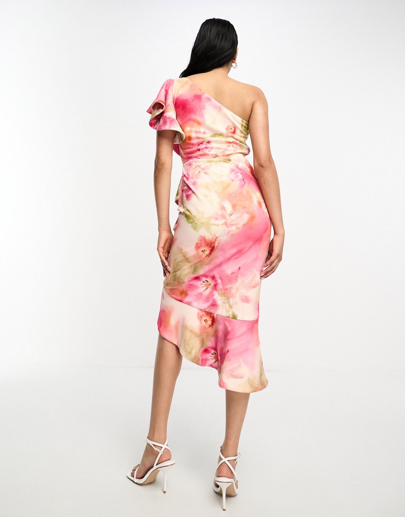 True Violet one shoulder ruffle midi dress in blurry floral