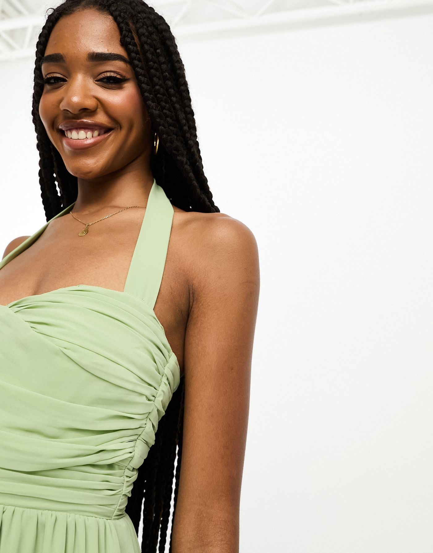 ASOS DESIGN Tall ruched bodice halter tiered maxi dress in sage green