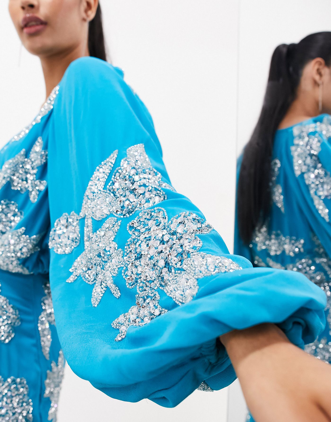 ASOS EDITION crystal floral embellished midi wrap dress in blue