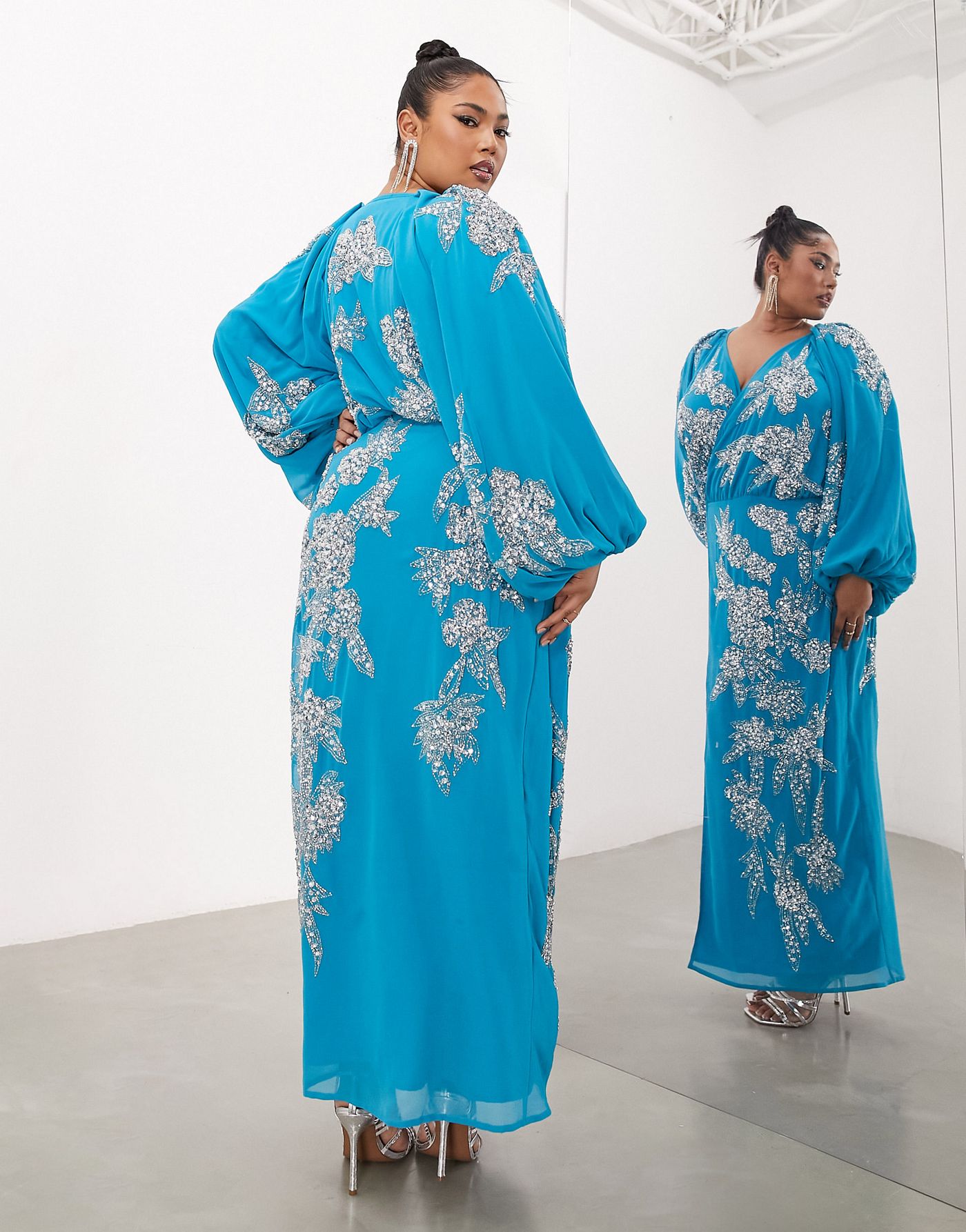 ASOS EDITION Curve crystal floral embellished midi wrap dress in blue