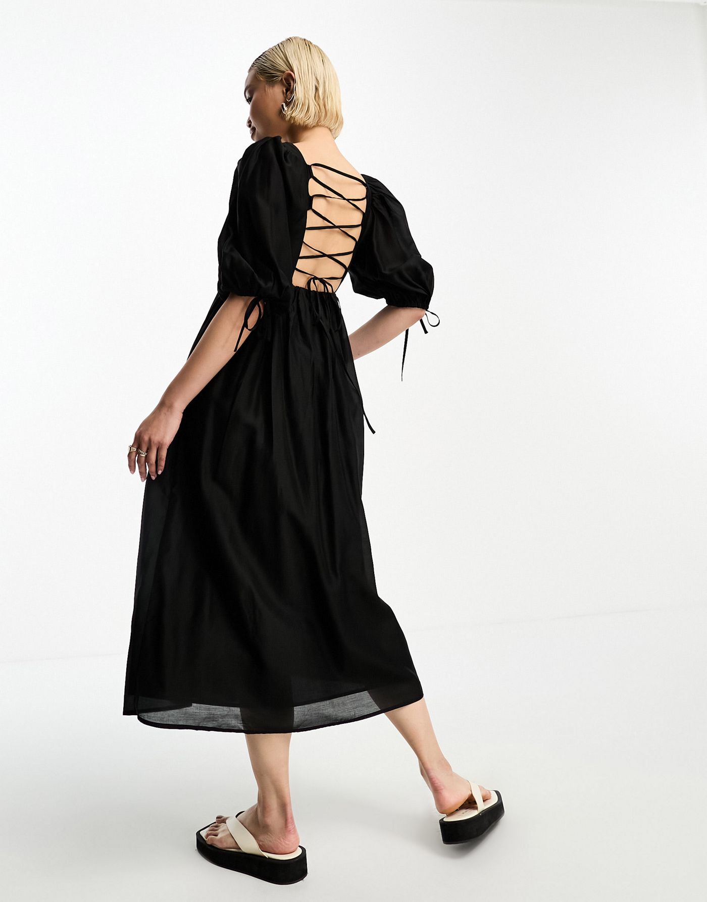 & Other Stories shirred bust volume sleeve midi dress in black