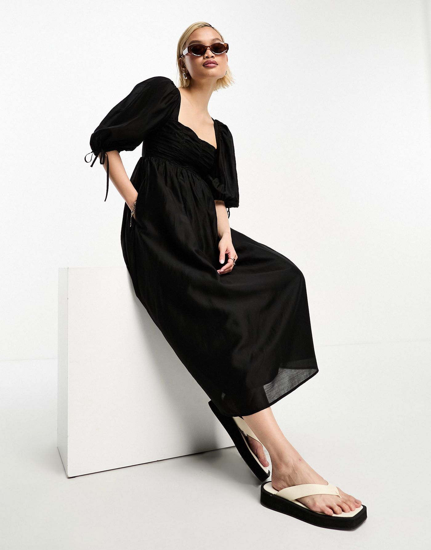 & Other Stories shirred bust volume sleeve midi dress in black