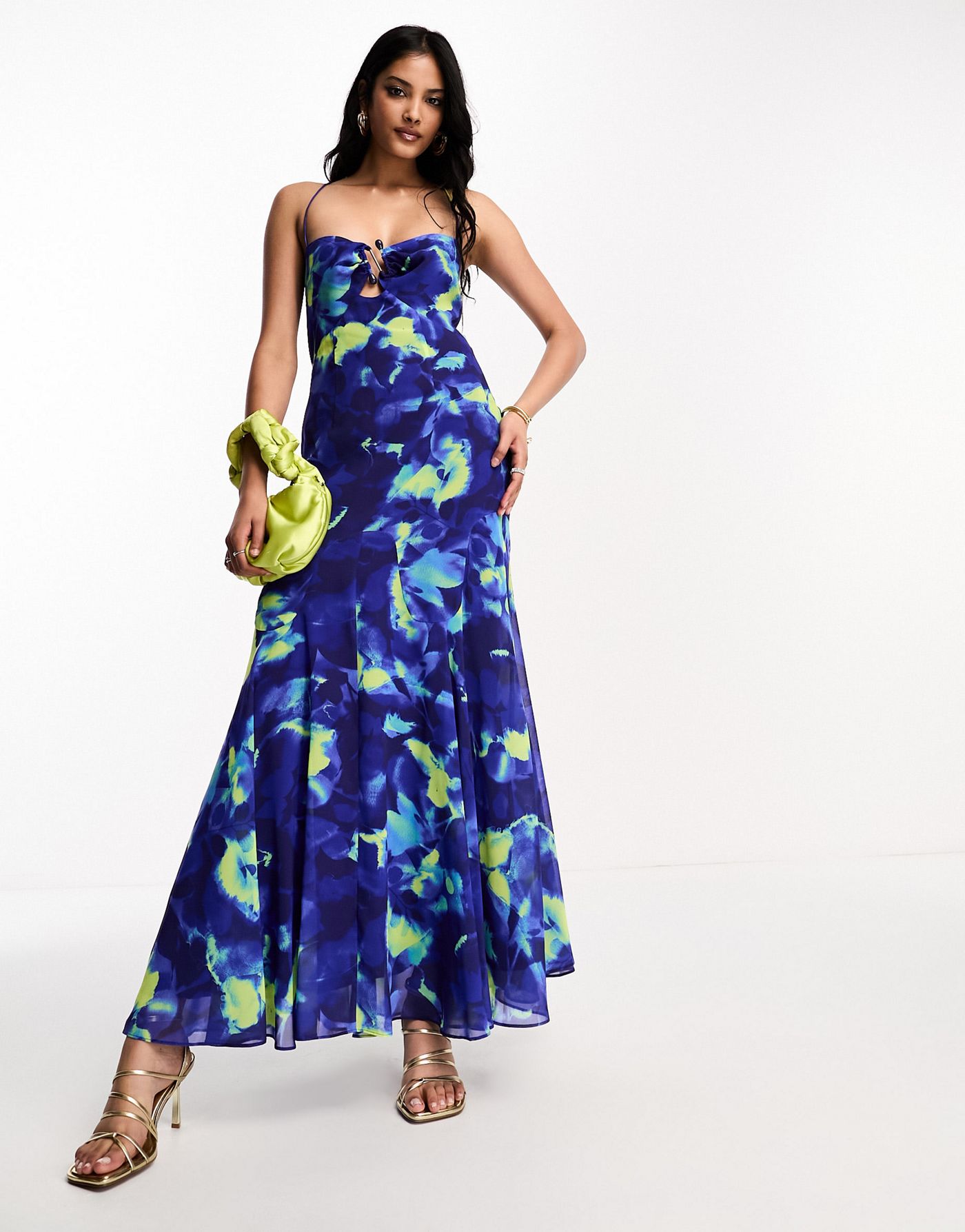 ASOS DESIGN halter midi dress with stone buckle detail in blue watercolour print