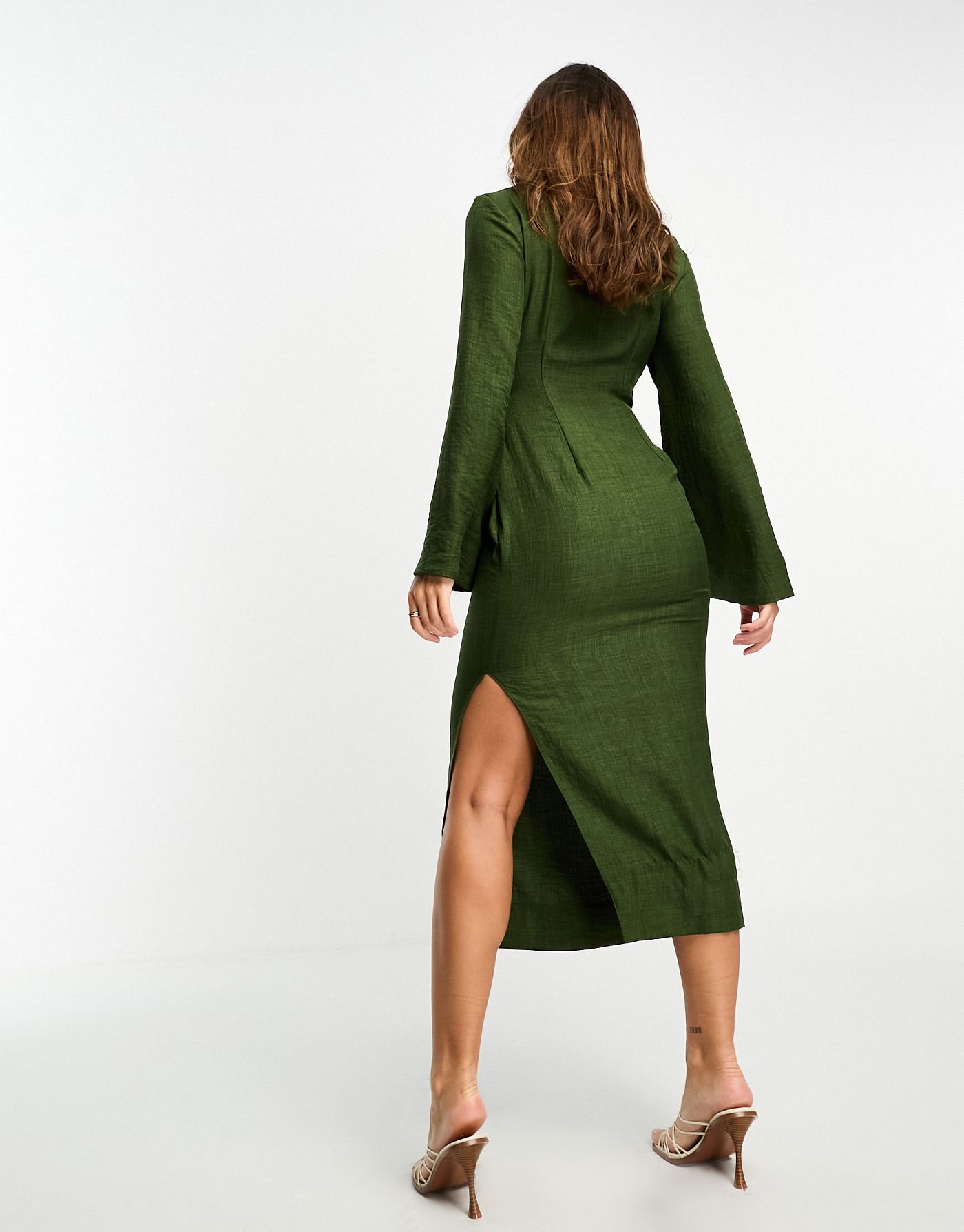 ASOS DESIGN flute sleeve collared wrap midi dress with gathers in dark green