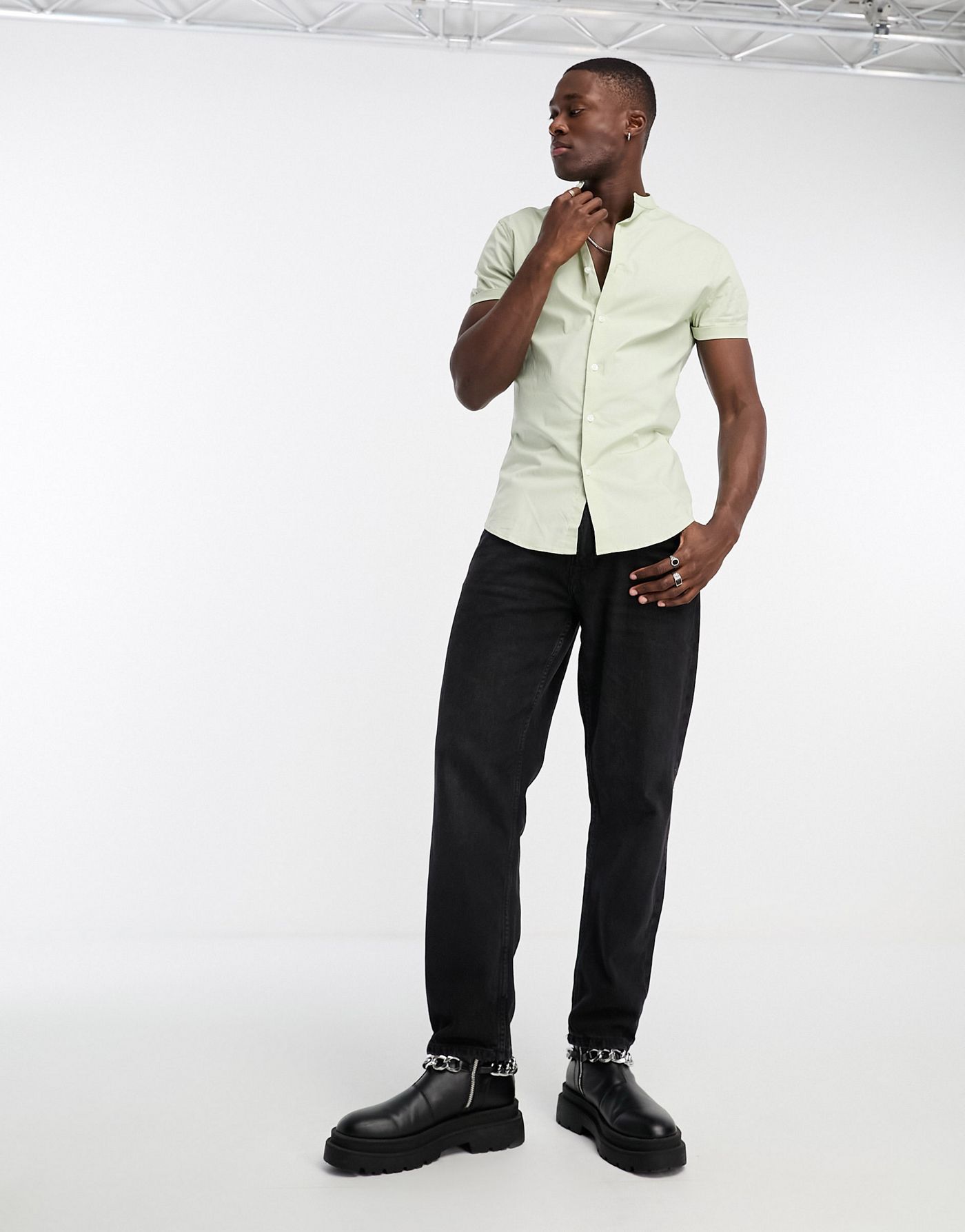 ASOS DESIGN skinny shirt with grandad collar in sage green