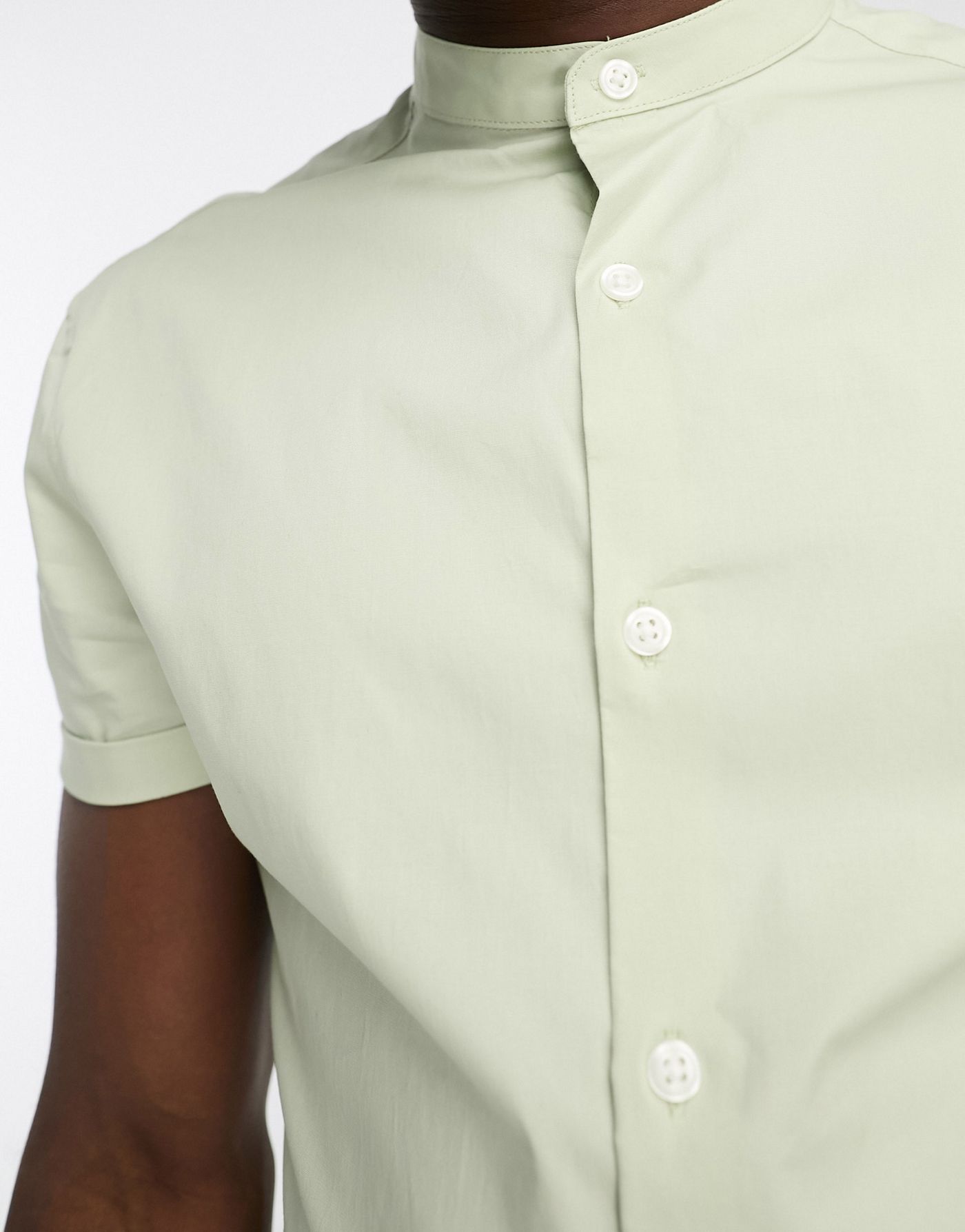 ASOS DESIGN skinny shirt with grandad collar in sage green