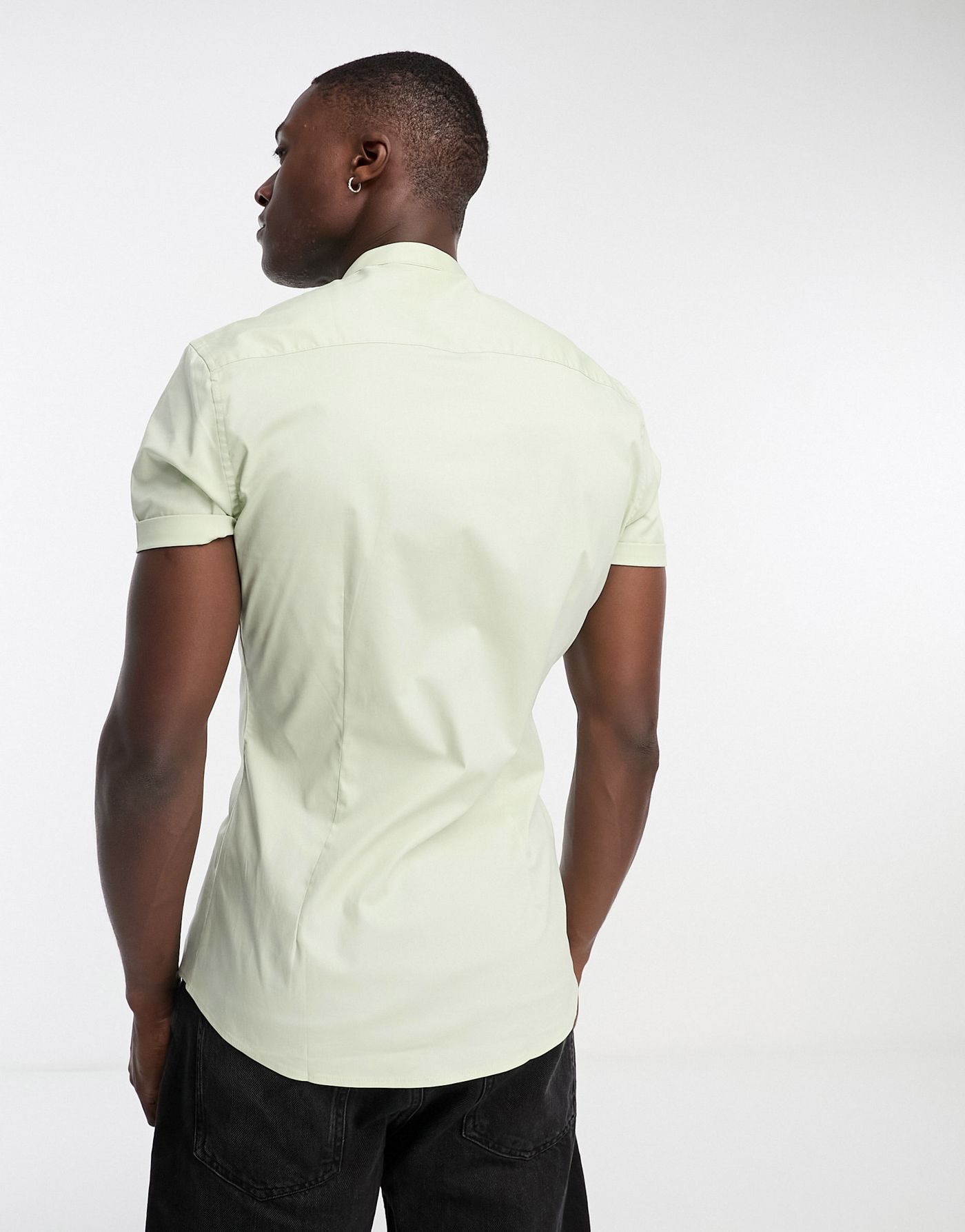 ASOS DESIGN skinny shirt with grandad collar in sage green