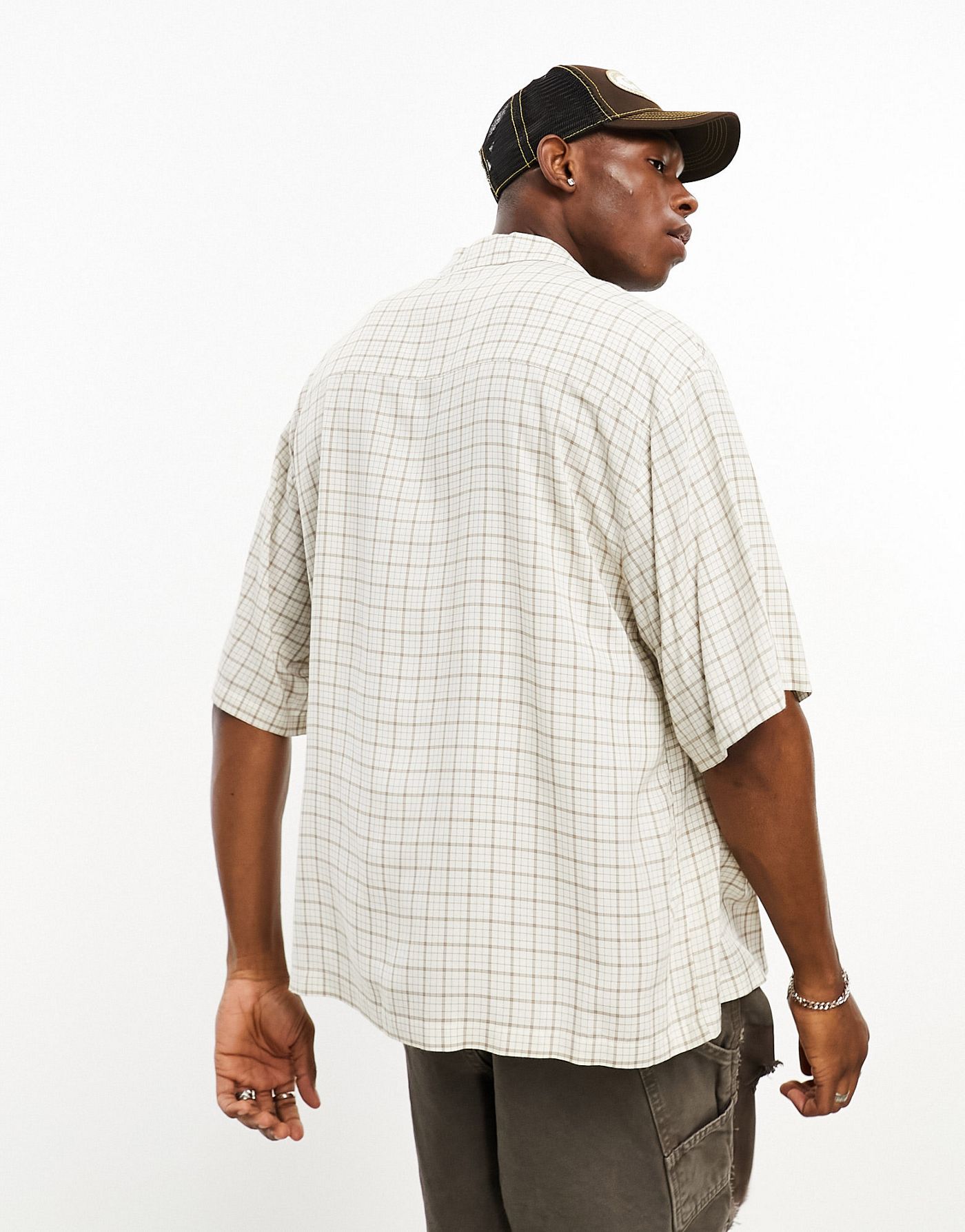 ASOS DESIGN boxy oversized revere dad check shirt with longer sleeves in cream