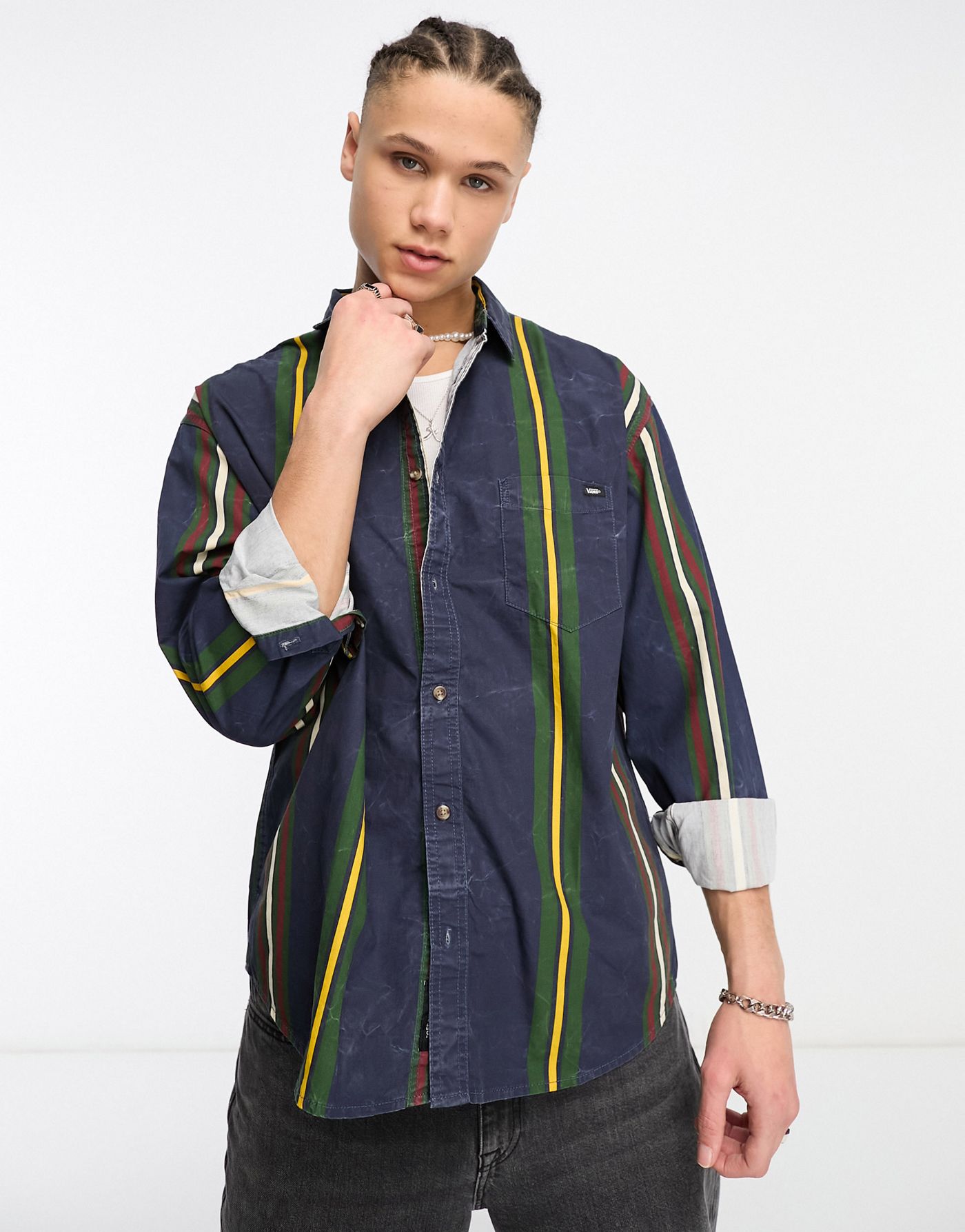 Vans kane striped long sleeve shirt in navy