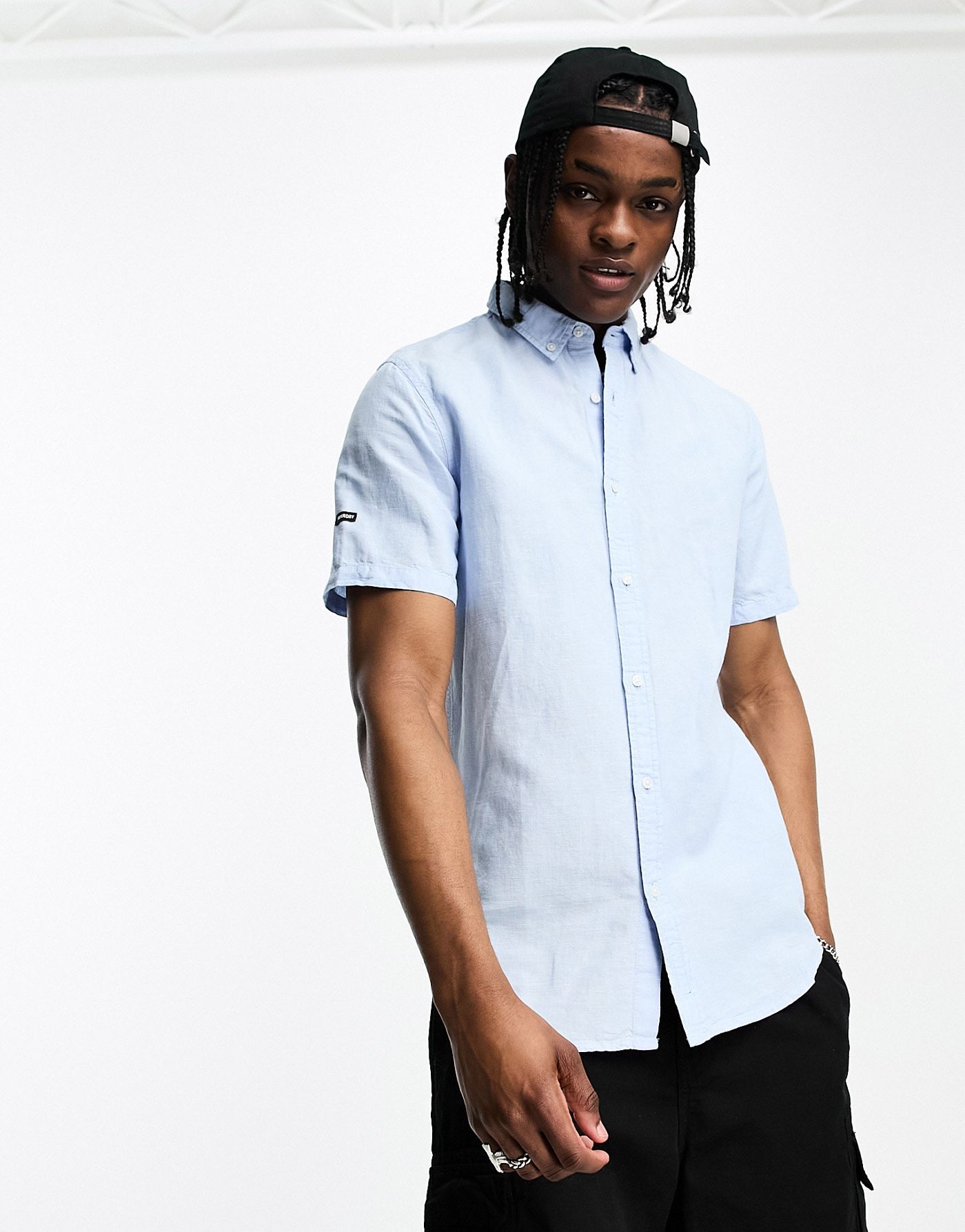 Superdry studios linen short sleeve shirt in light blue