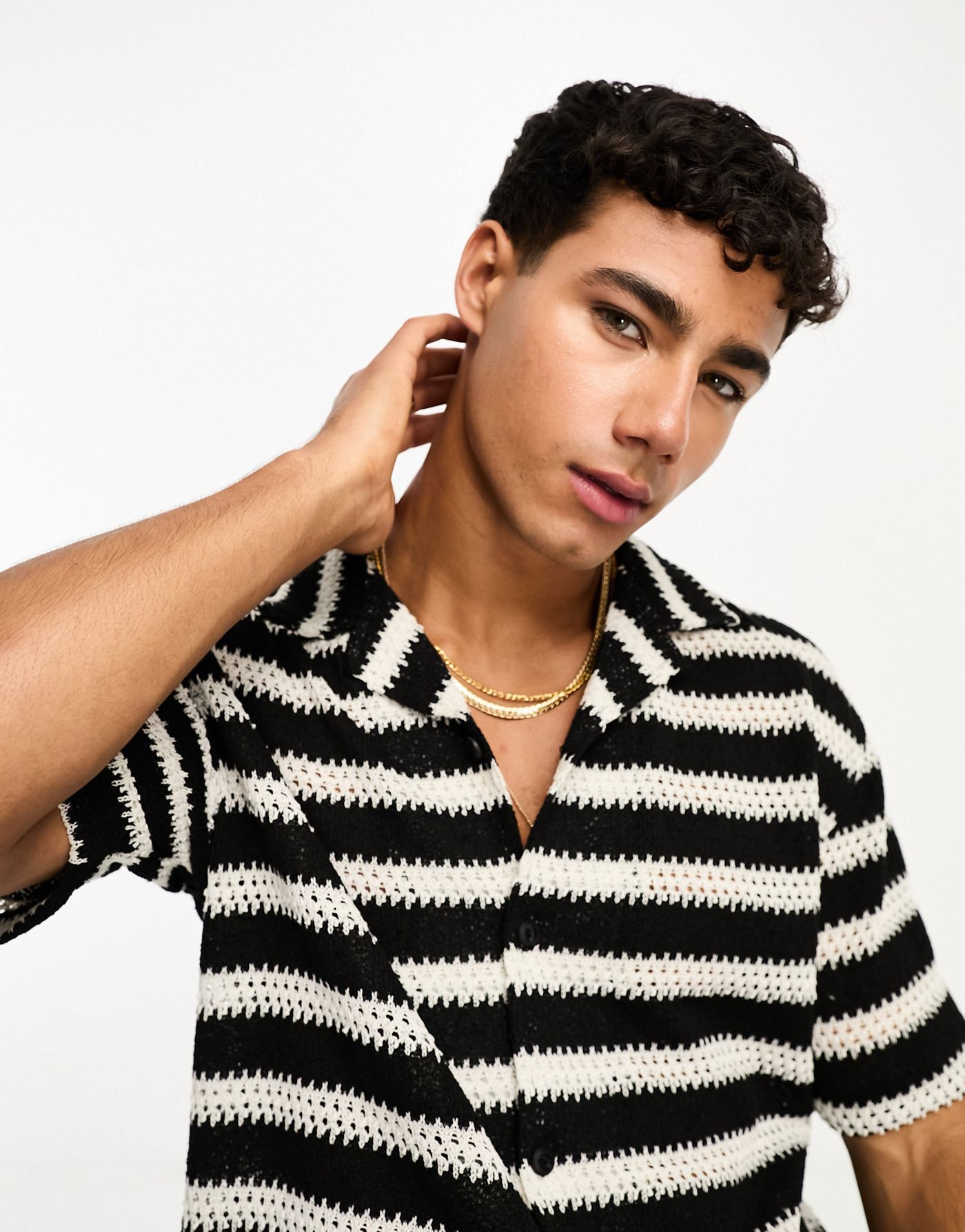 Pull&Bear crochet stripe shirt in black