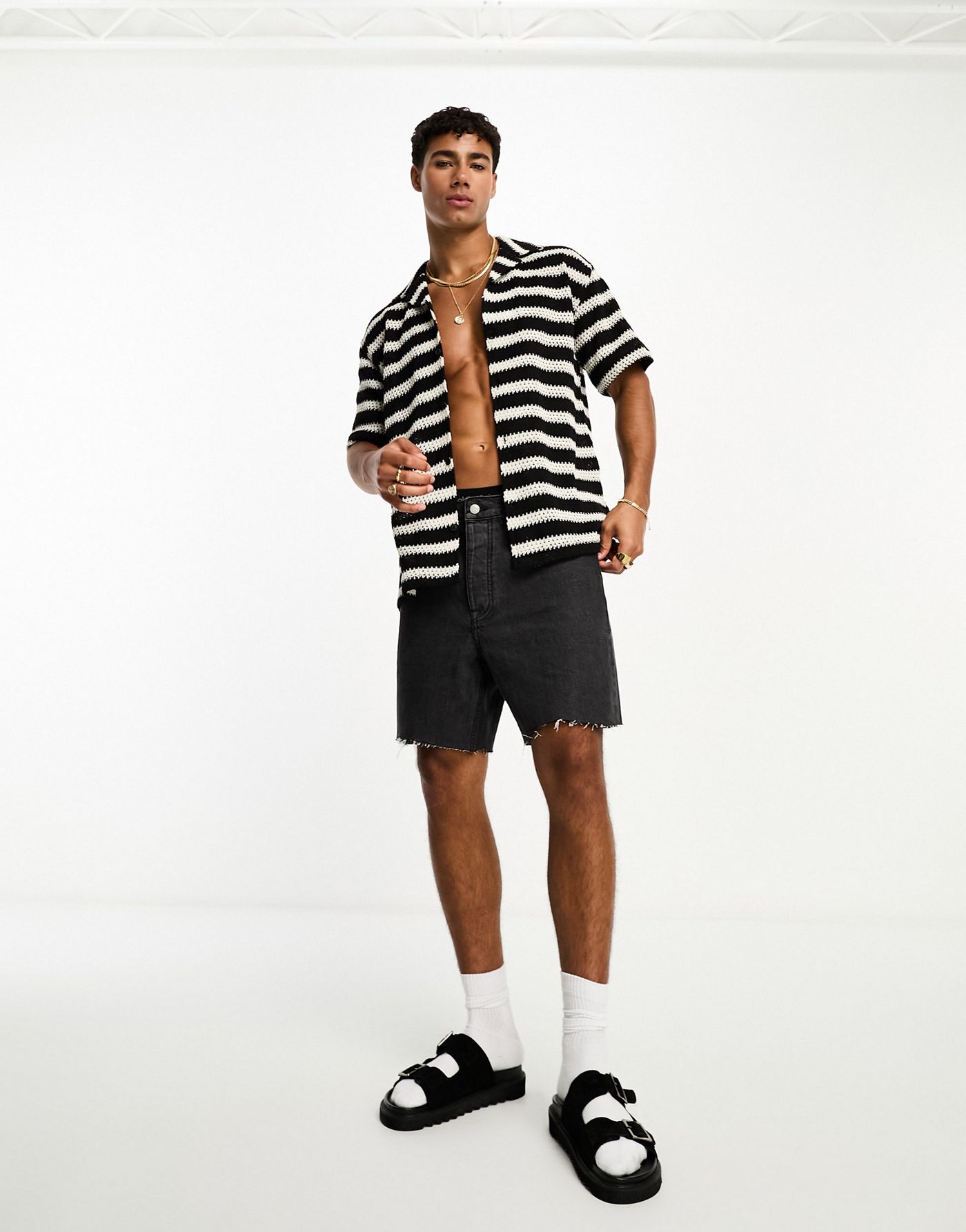 Pull&Bear crochet stripe shirt in black