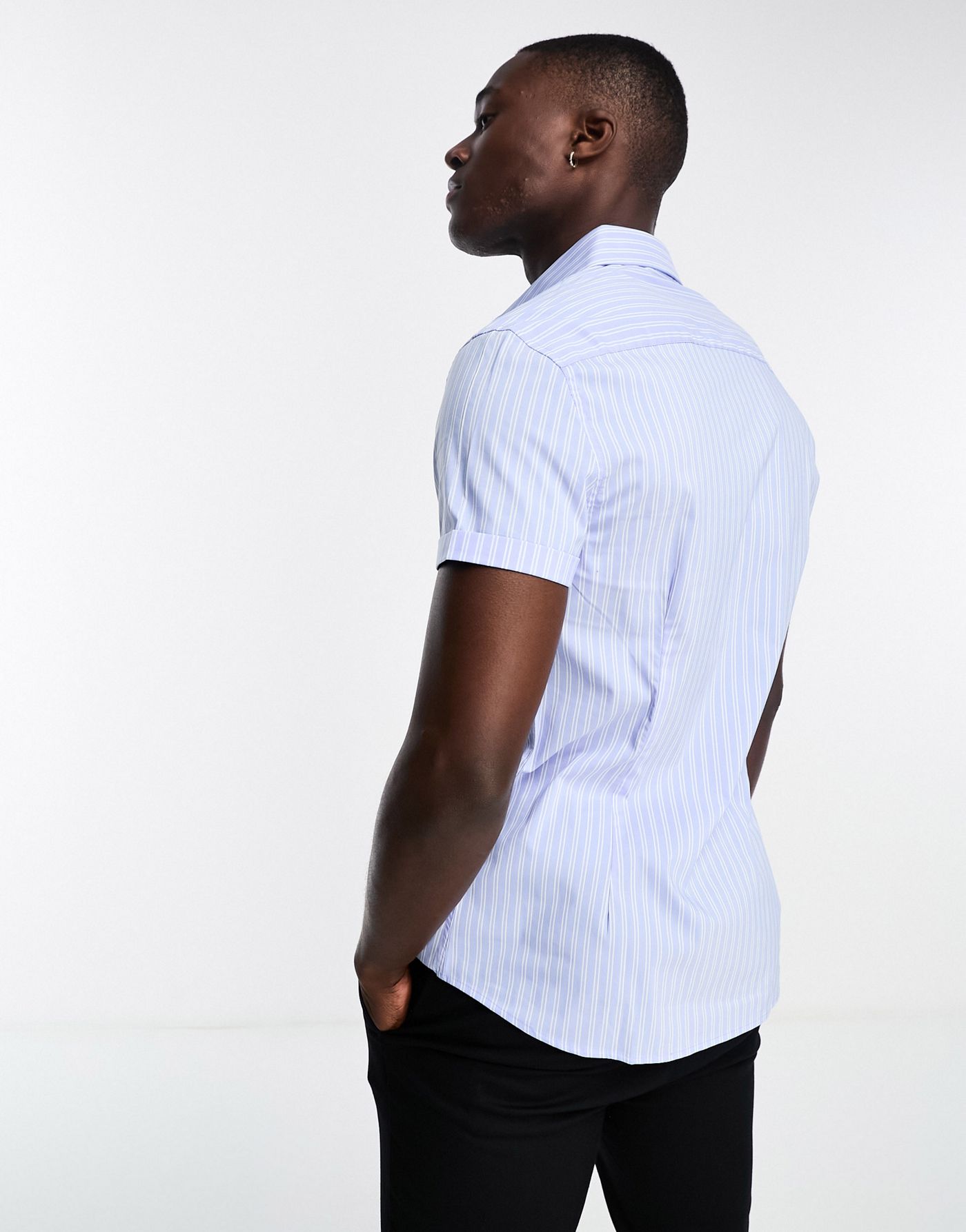 ASOS DESIGN slim fit short sleeve stripe shirt in blue