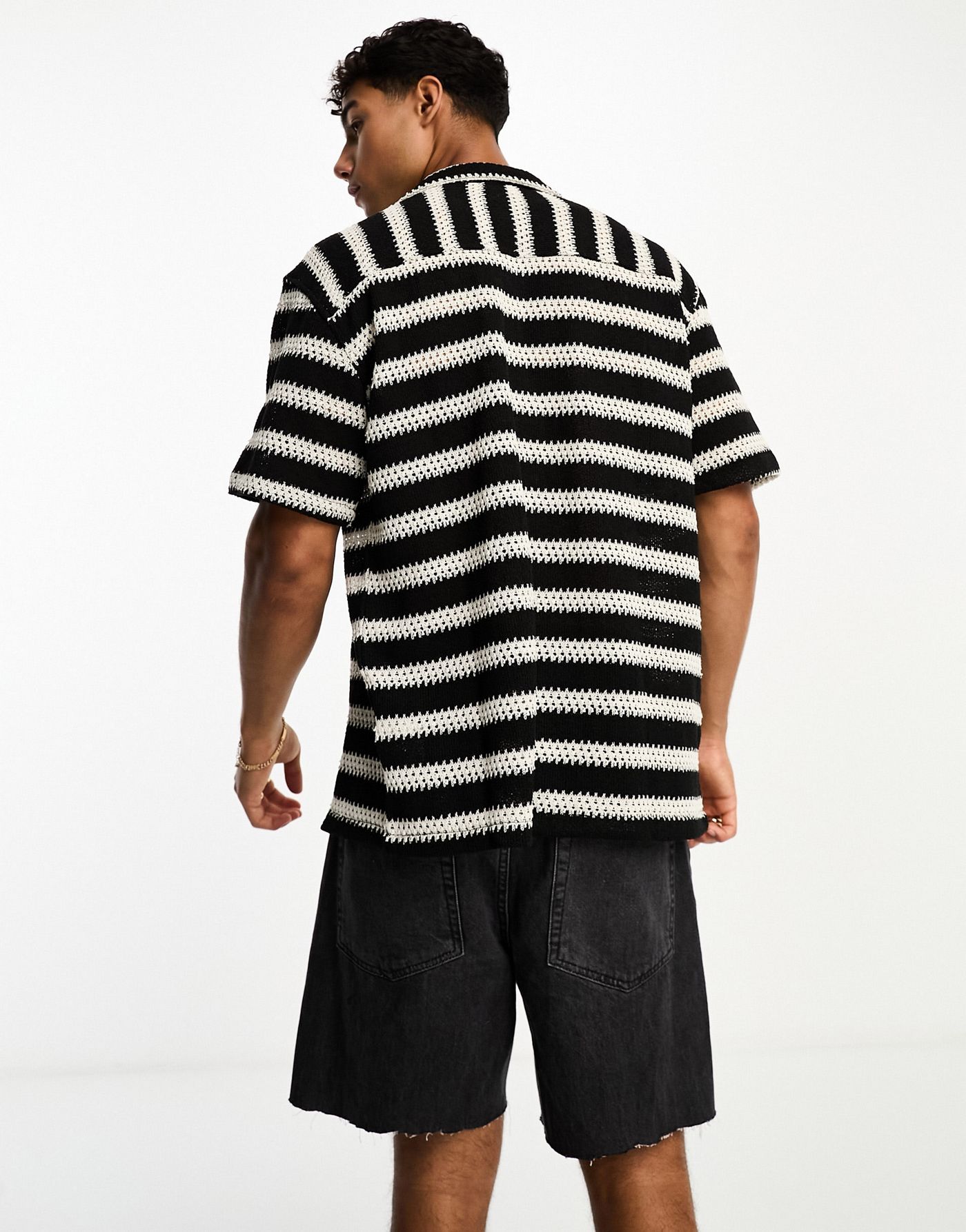 Pull&Bear crochet stripe shirt in black