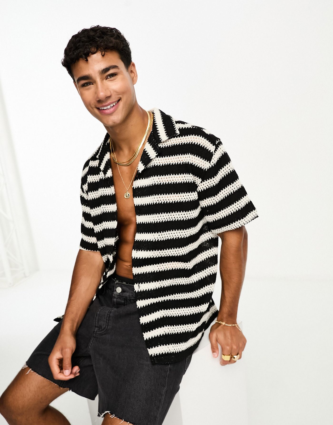 Pull&Bear crochet stripe shirt in black