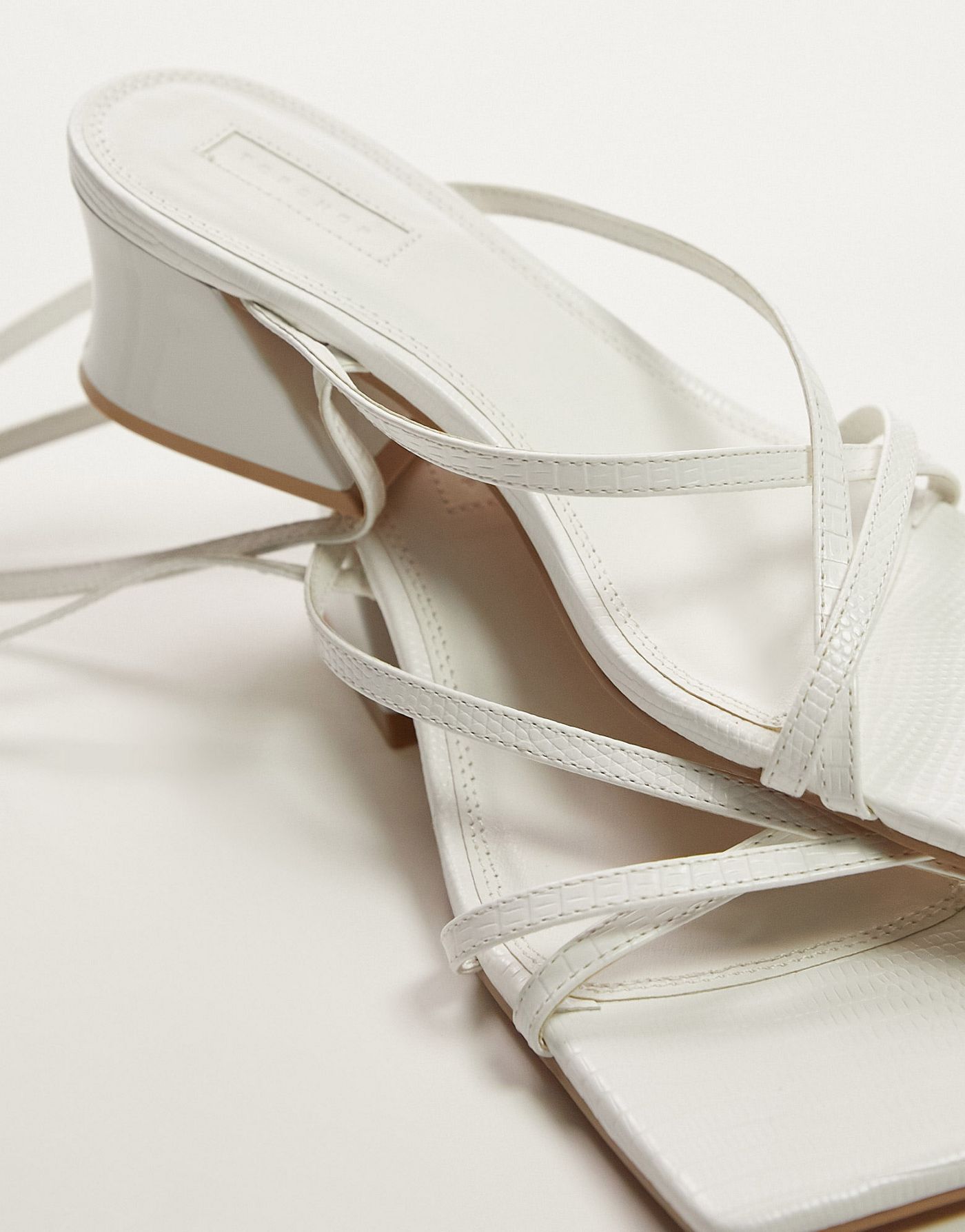 Topshop Jay angular mid heel strappy sandal in white lizard 