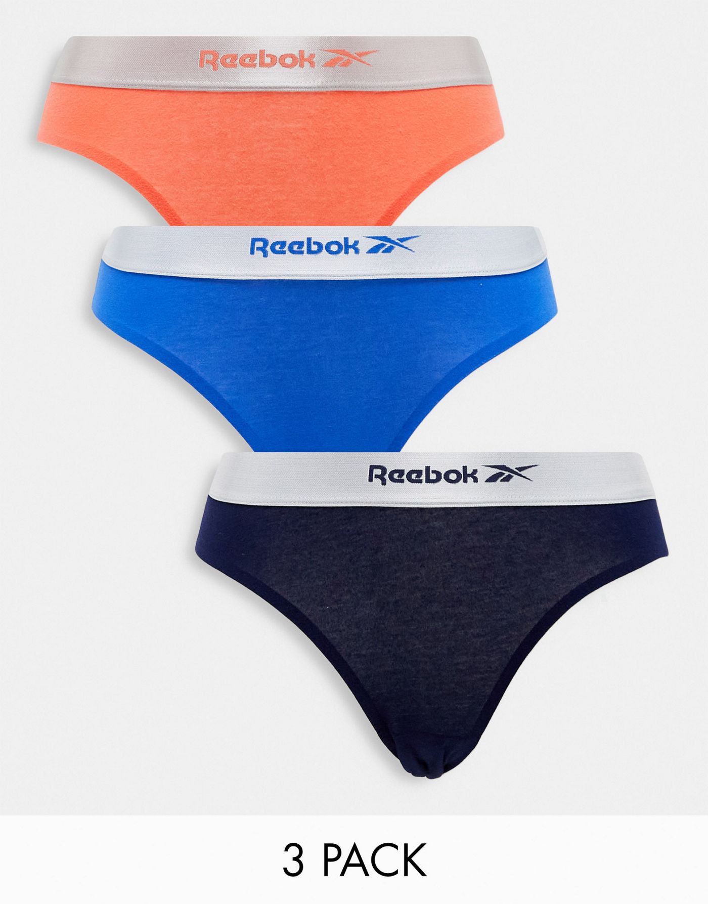 Reebok lacy 3 pack briefs with shine banding in blue navy and orange