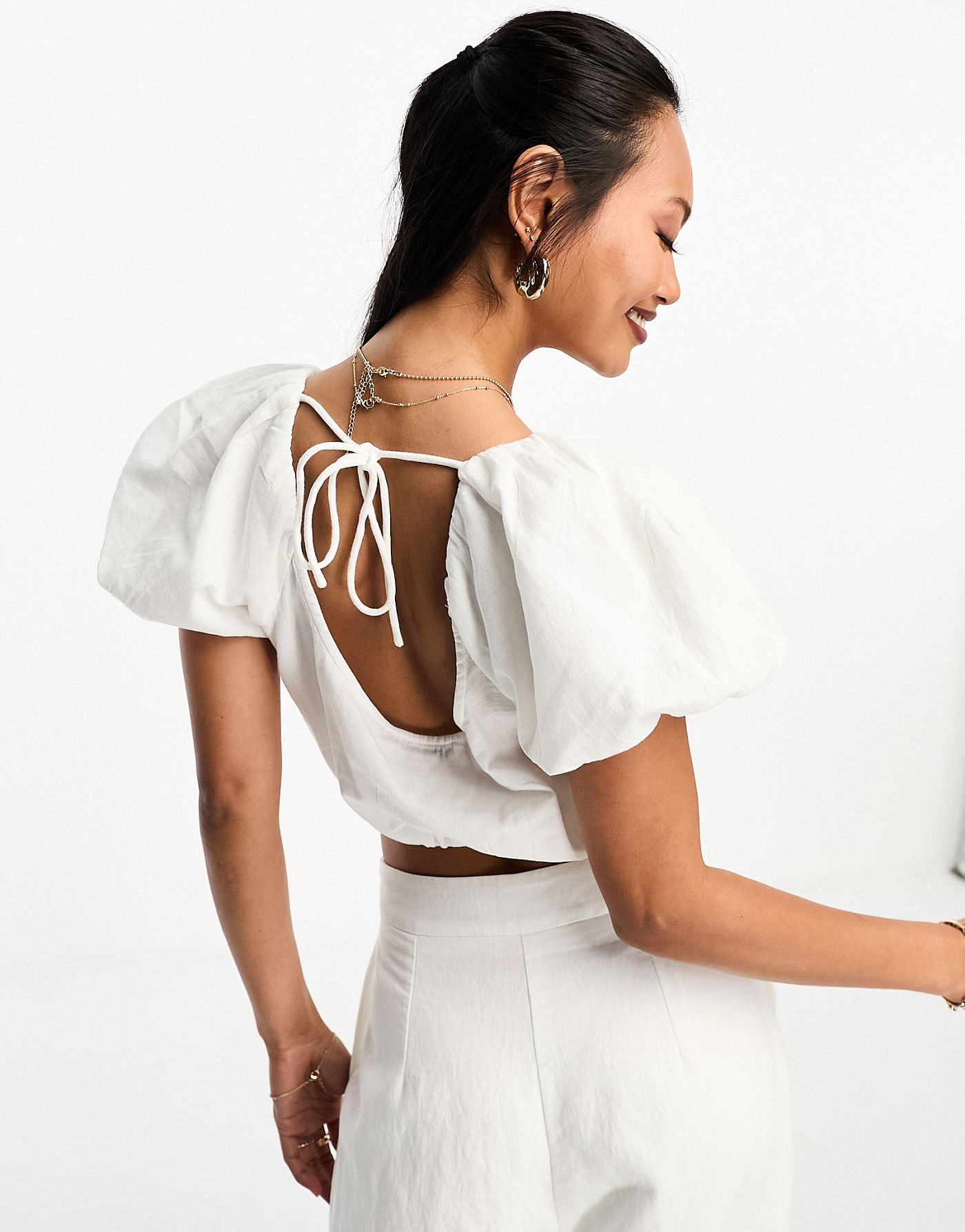 NA-KD x Lydia Tomlinson co-ord open back cropped blouse in white