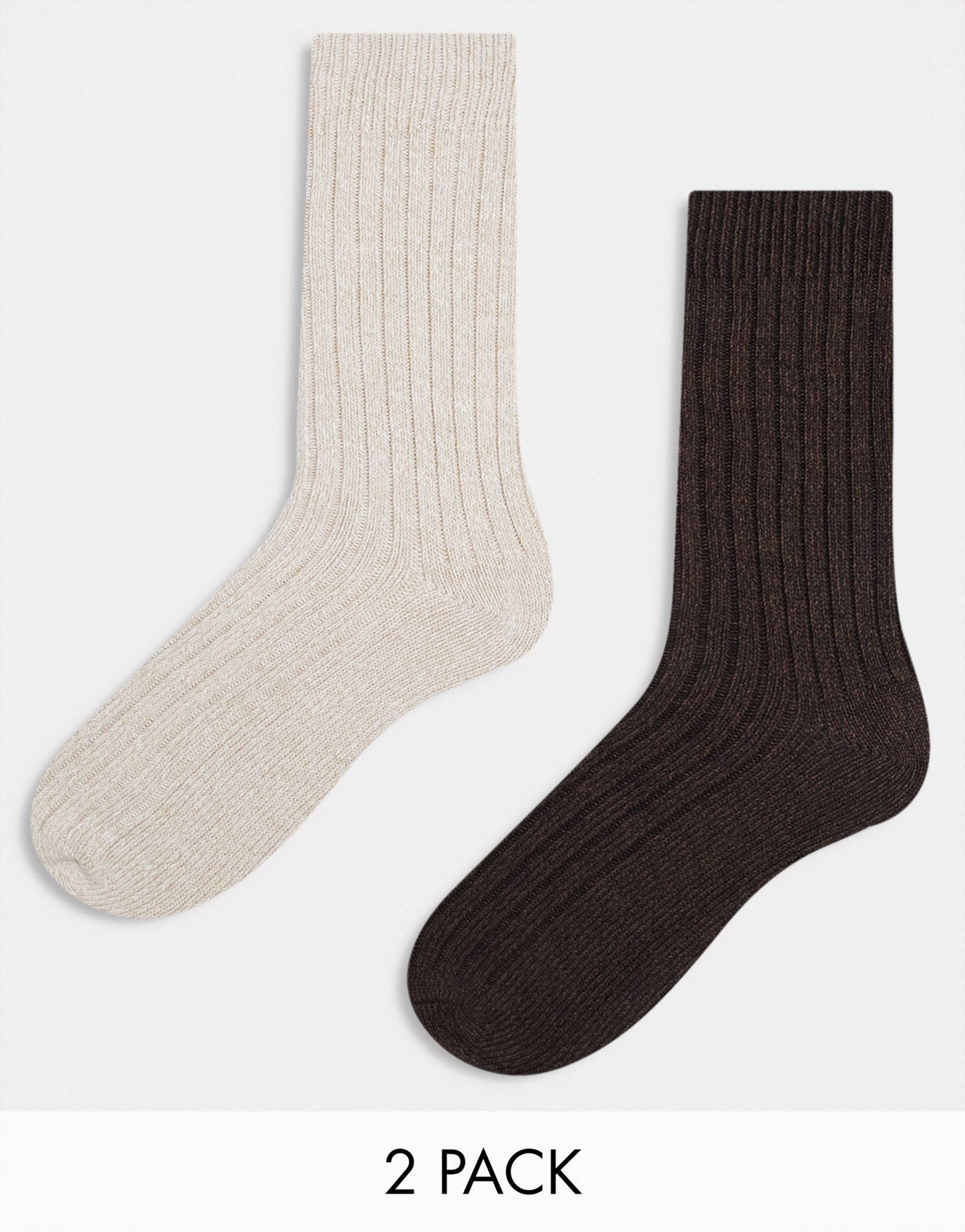 ASOS DESIGN 2 pack twist rib socks in ecru and brown