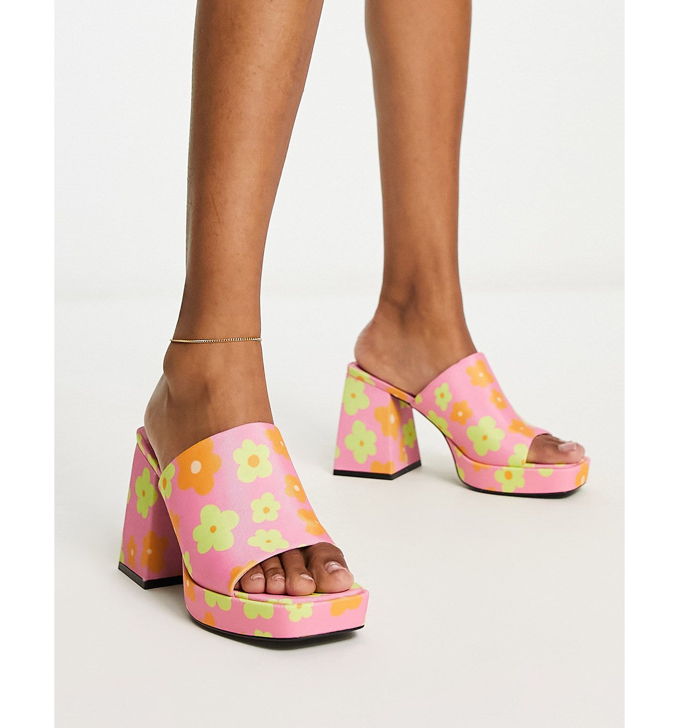 Monki flower print mid chunky heeled platform mules in pink