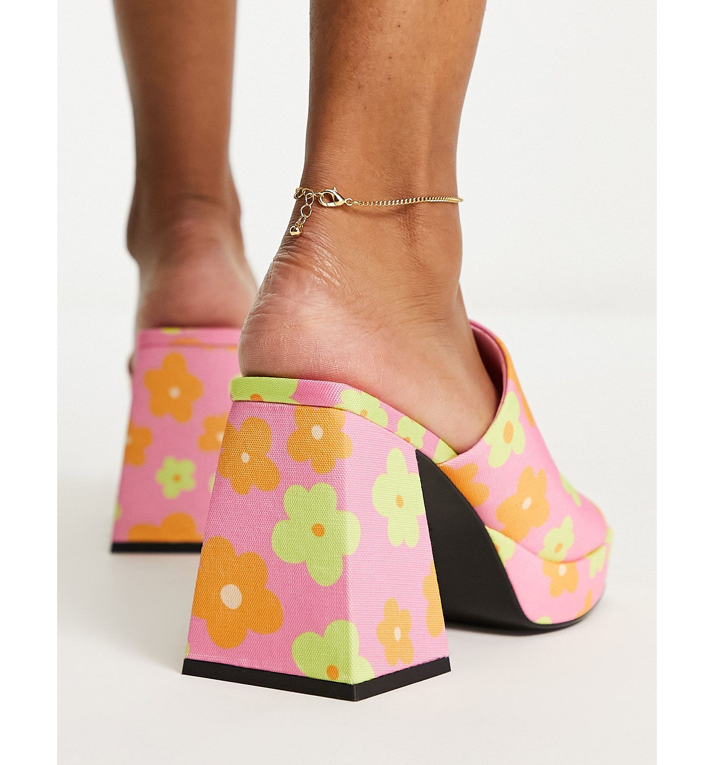 Monki flower print mid chunky heeled platform mules in pink