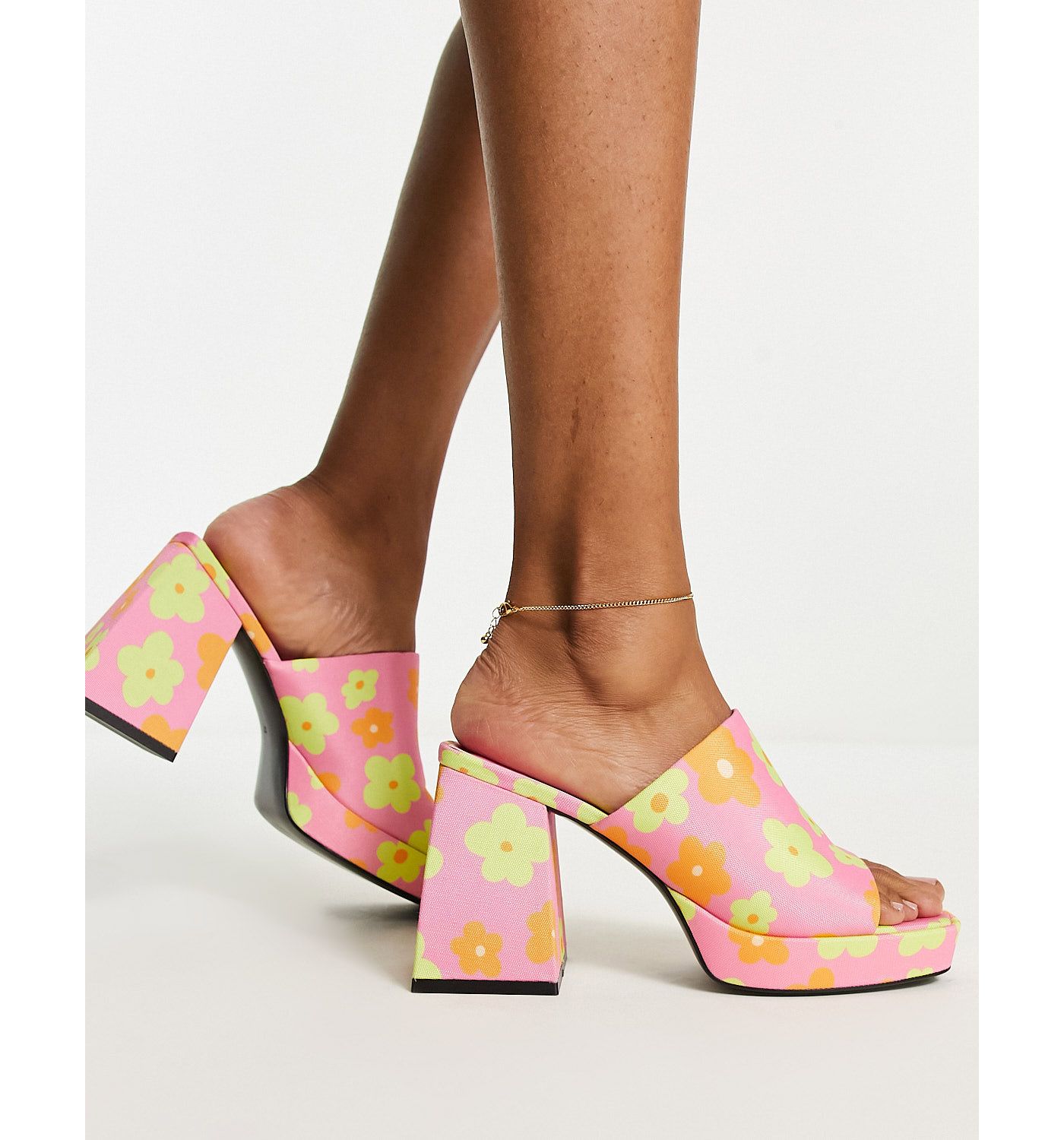 Monki flower print mid chunky heeled platform mules in pink