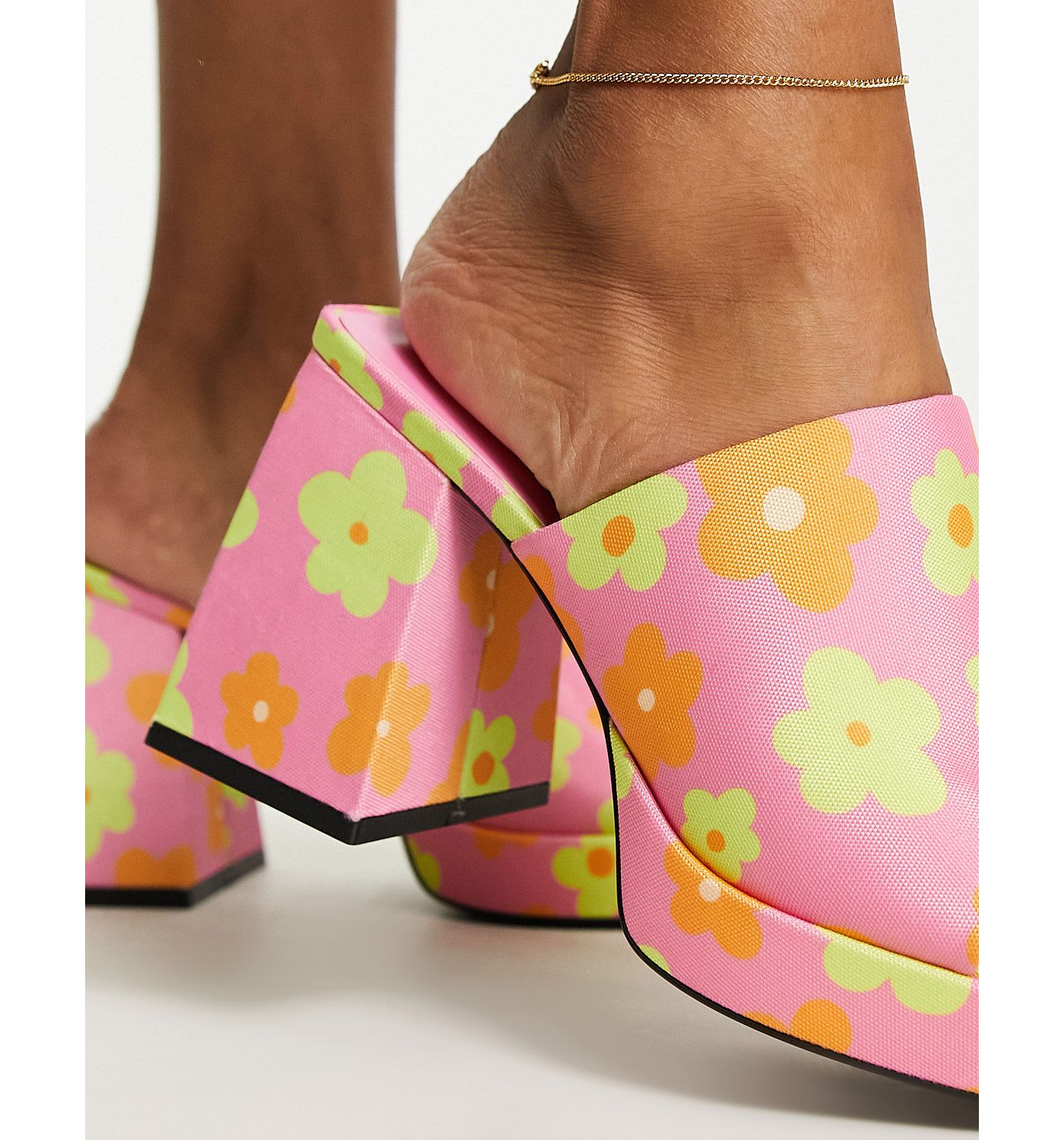 Monki flower print mid chunky heeled platform mules in pink