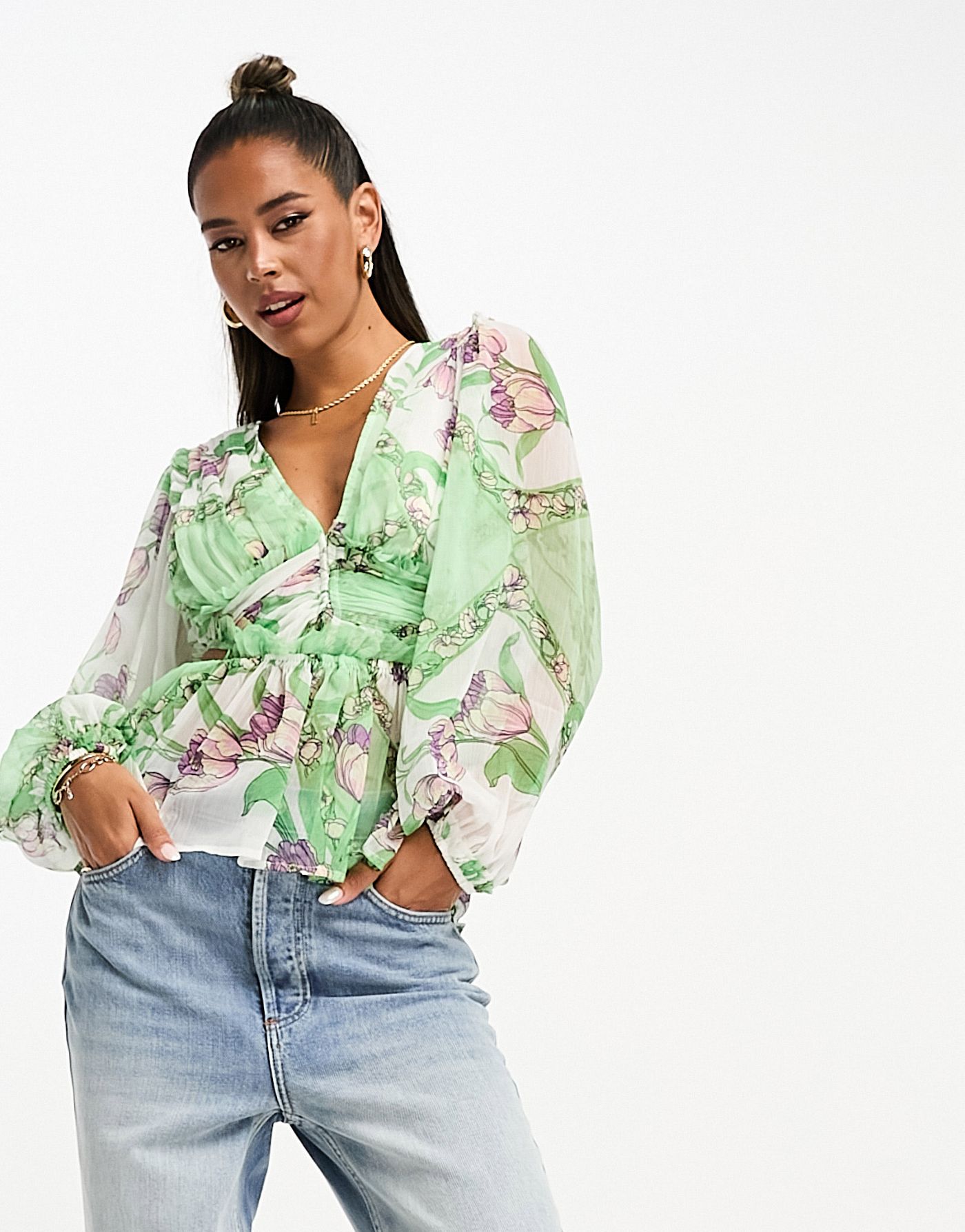 ASOS DESIGN sheer blouse with pleated waist & cut out back in ditsy floral 
