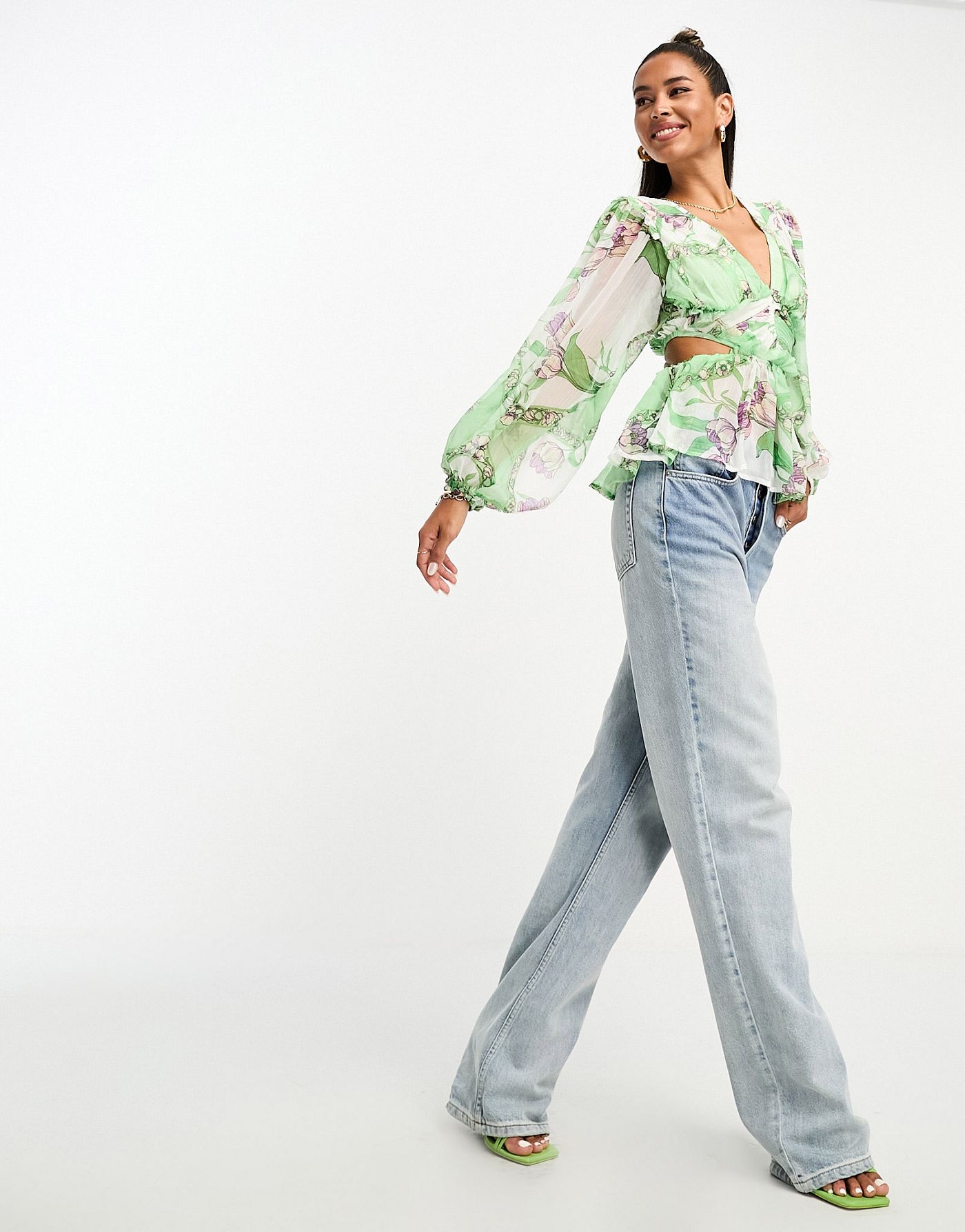 ASOS DESIGN sheer blouse with pleated waist & cut out back in ditsy floral 