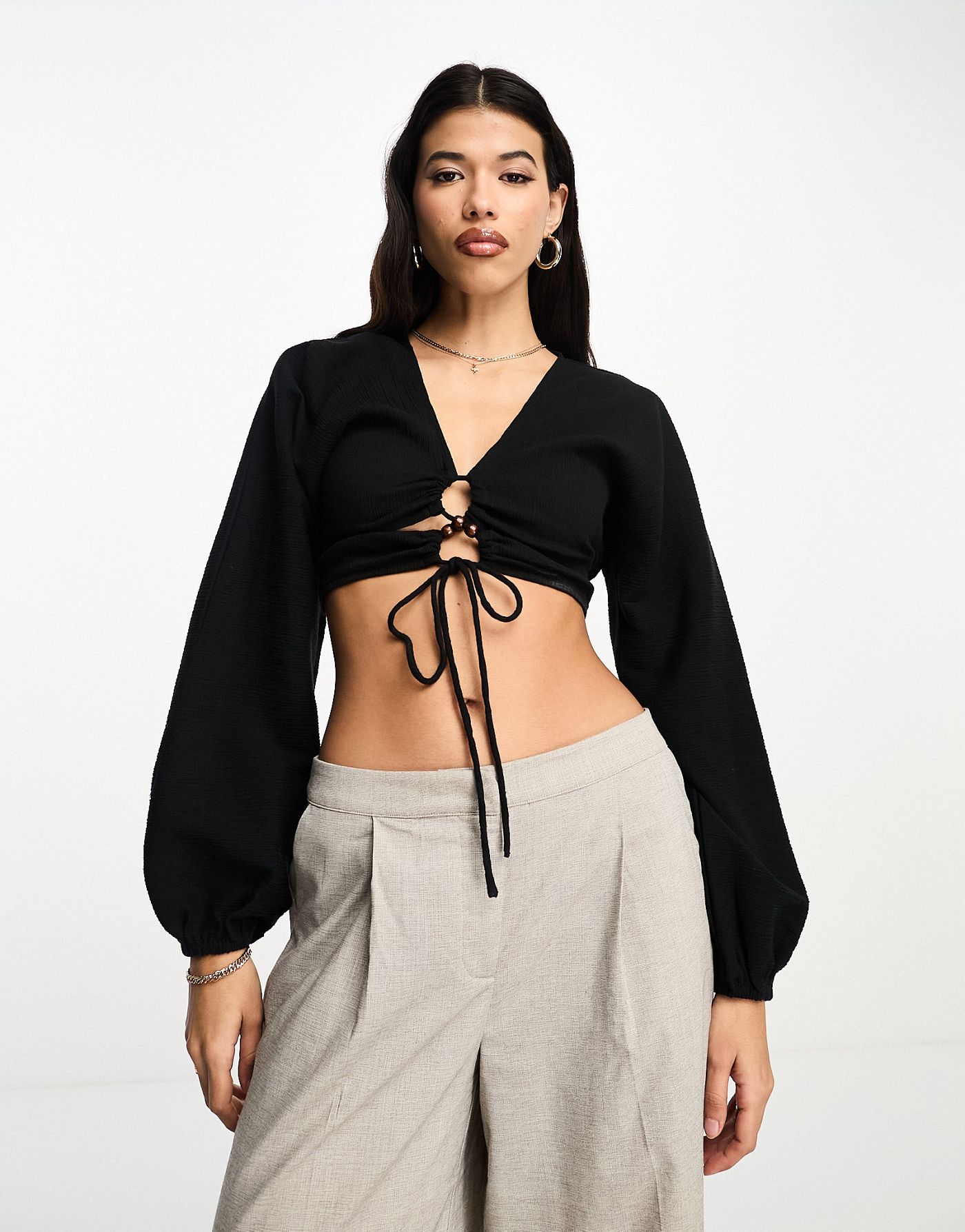 ASOS DESIGN long sleeve crinkle top with lace up lattice detail black